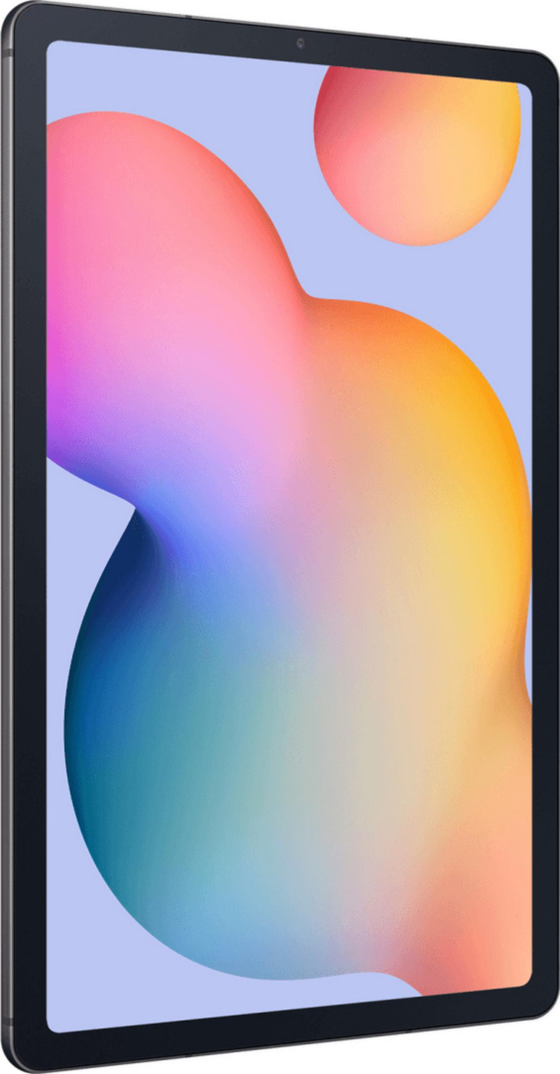 Ein dunkler Tablet-Rahmen mit einem farbenfrohen, abstrakten Hintergrund auf dem Bildschirm.
