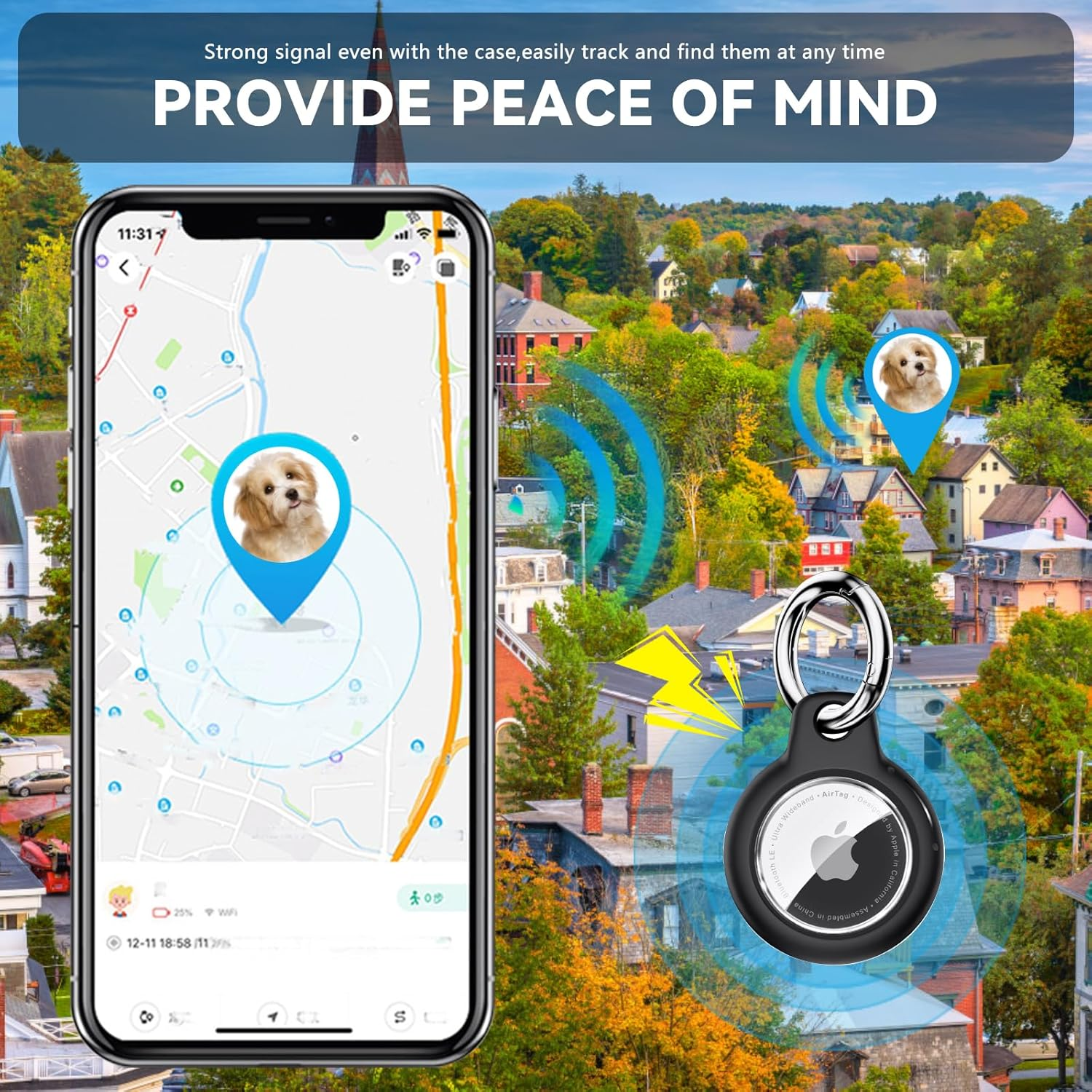 Ein Smartphone zeigt eine Karte mit einem Hund-Tracker. Ein AirTag-Schlüsselanhänger ist sichtbar.