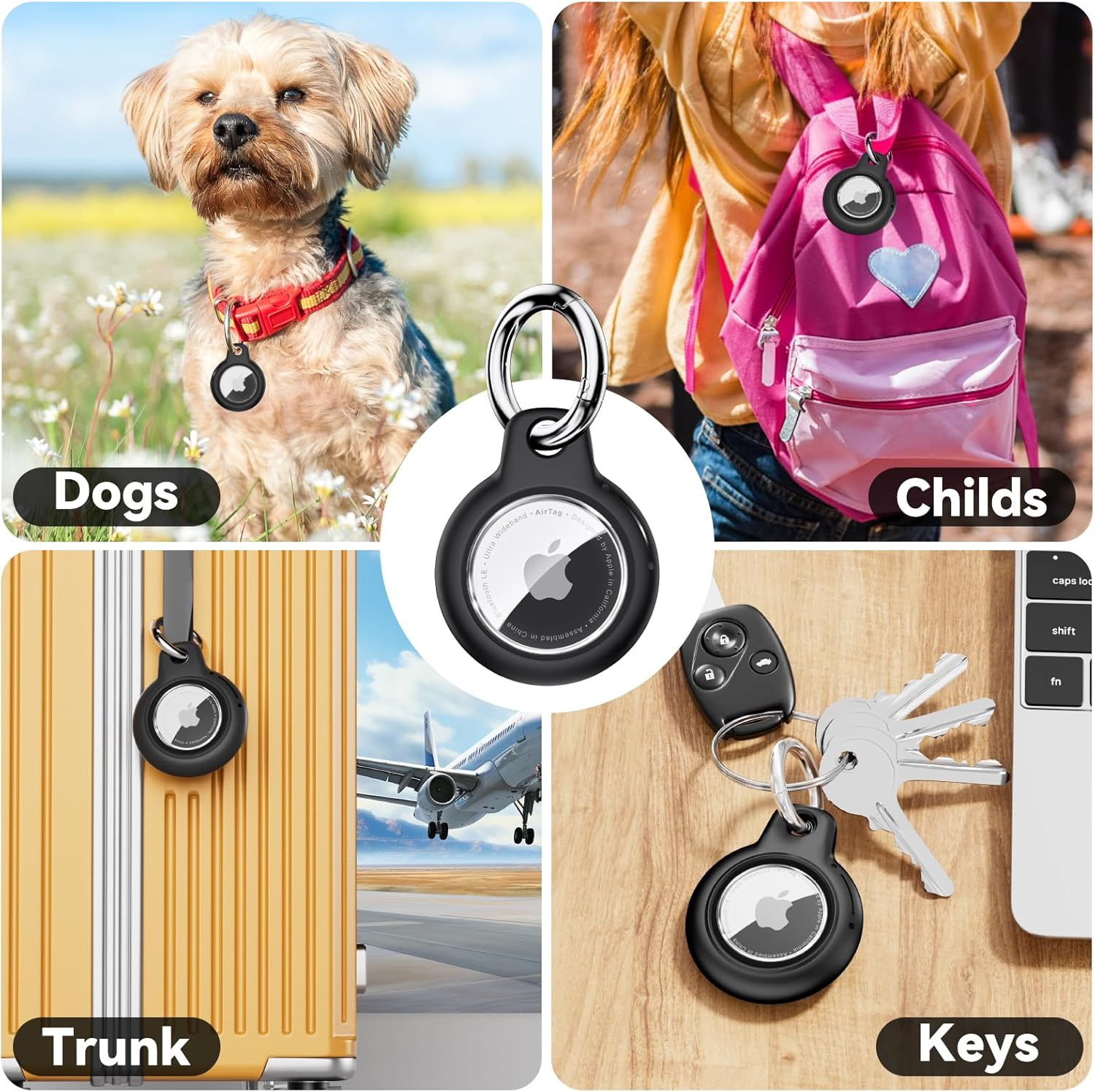 Vier Szenen zeigen AirTag-Anwendungen: Hund, Kind, Koffer, Schlüssel.