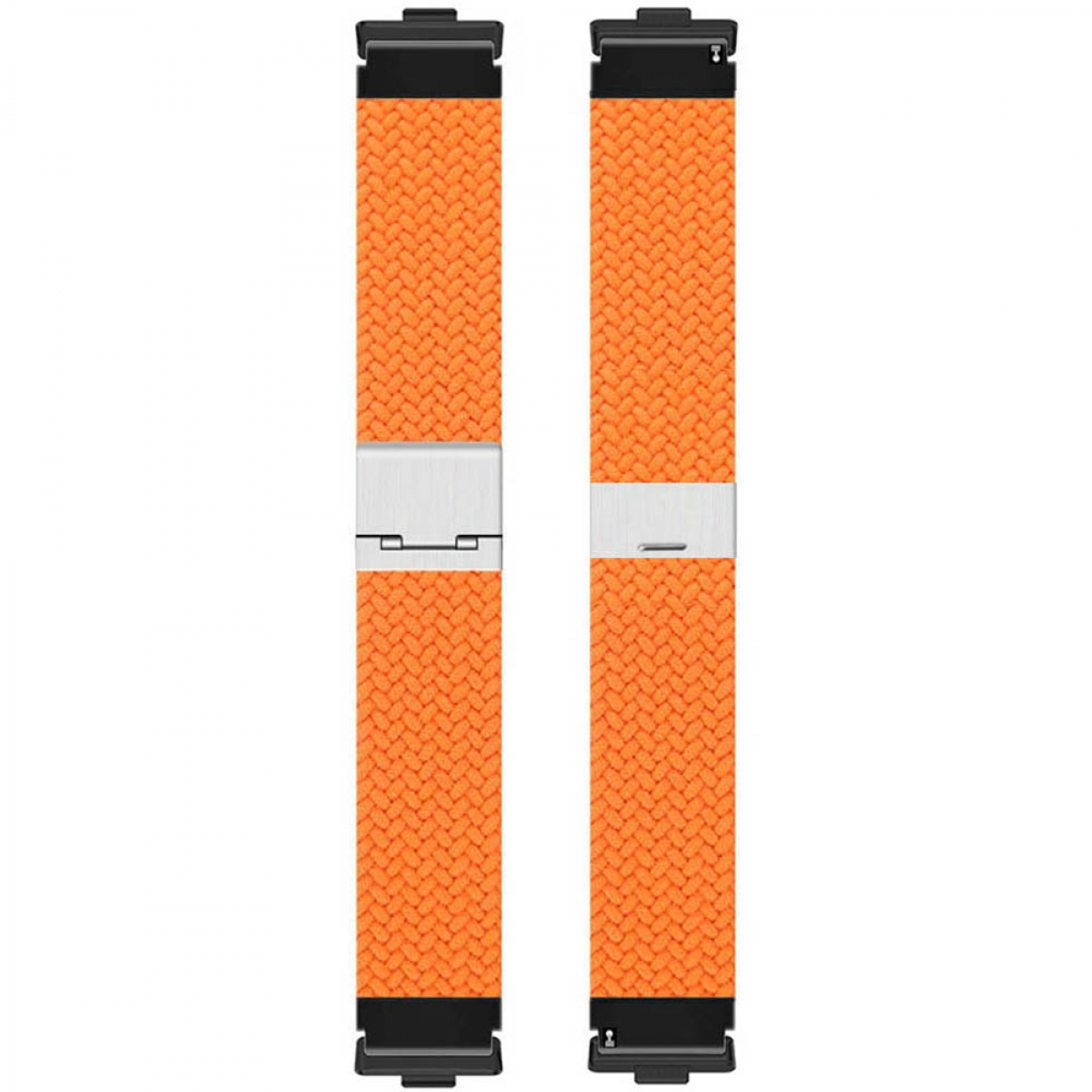 Zwei orangefarbene geflochtene Uhrenarmbänder mit silbernen Schnallen und schwarzen Anschlüssen.