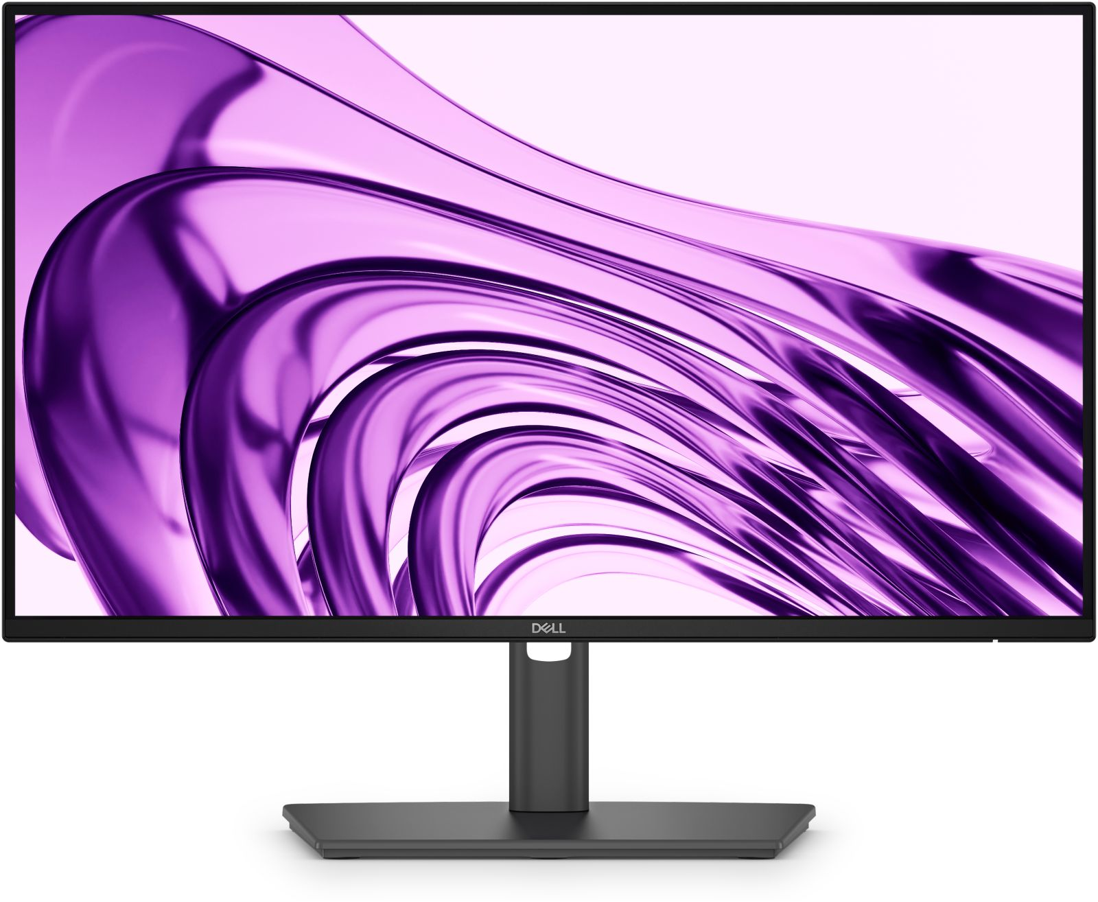 Ein Dell-Monitor zeigt ein abstraktes Bild mit violetten Wirbeln auf weißem Hintergrund.