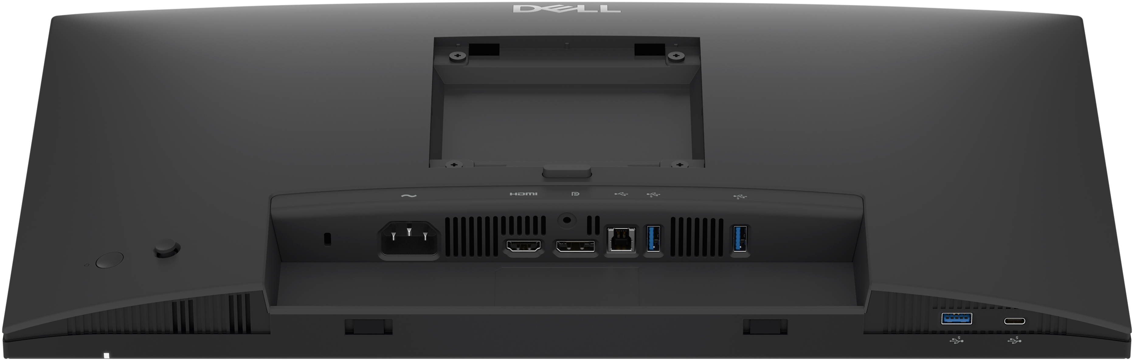 Rückansicht eines schwarzen Dell Monitors mit Anschlüssen: Strom, HDMI, USB-A und USB-C.