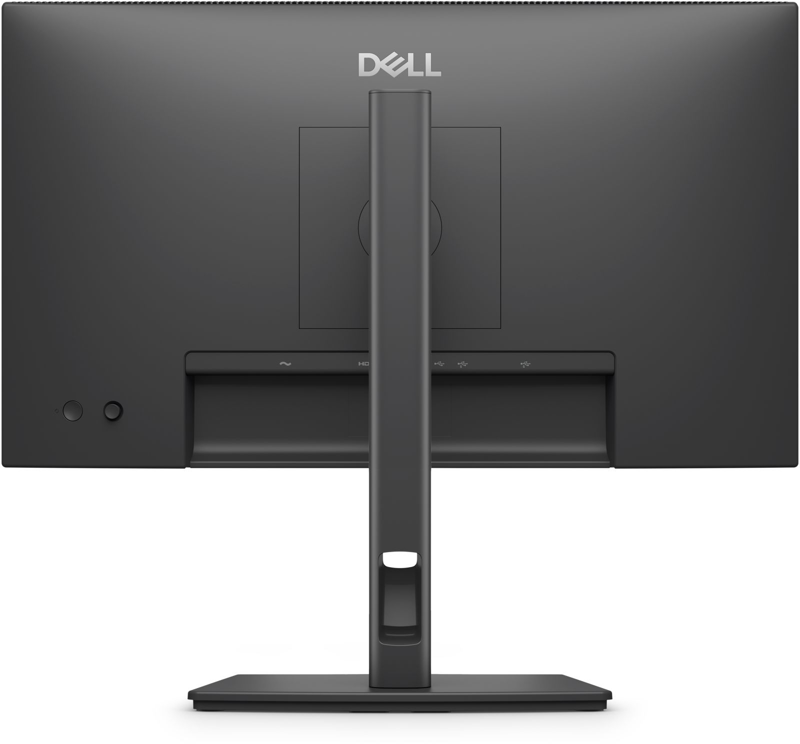 Rückseite eines schwarzen Dell Monitors mit silbernem Dell-Logo und Anschlüssen.