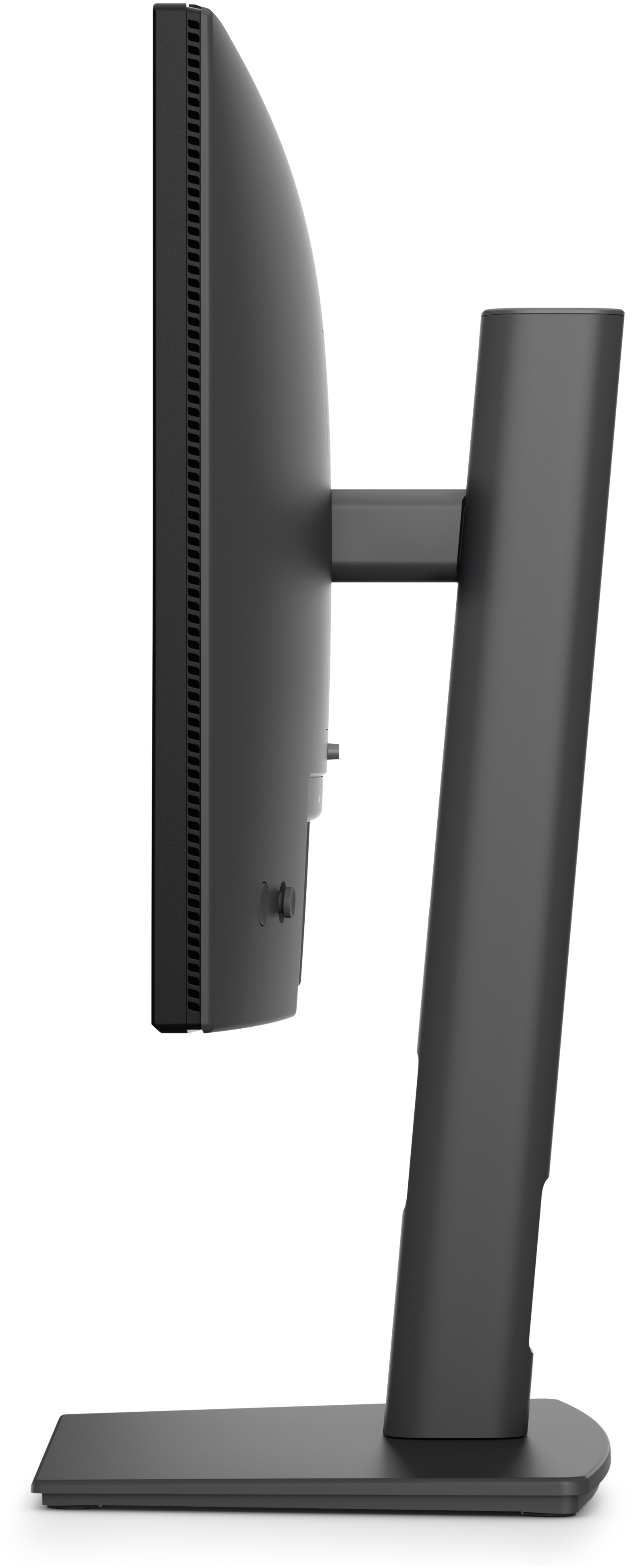 Schwarzer Computermonitor von der Seite mit Standfuß.
