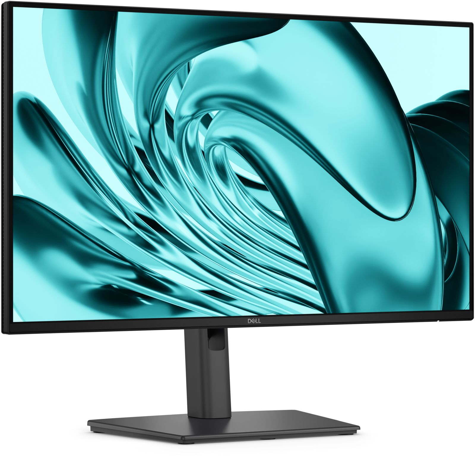 Een Dell monitor met een abstracte, teal gekleurde achtergrond.
