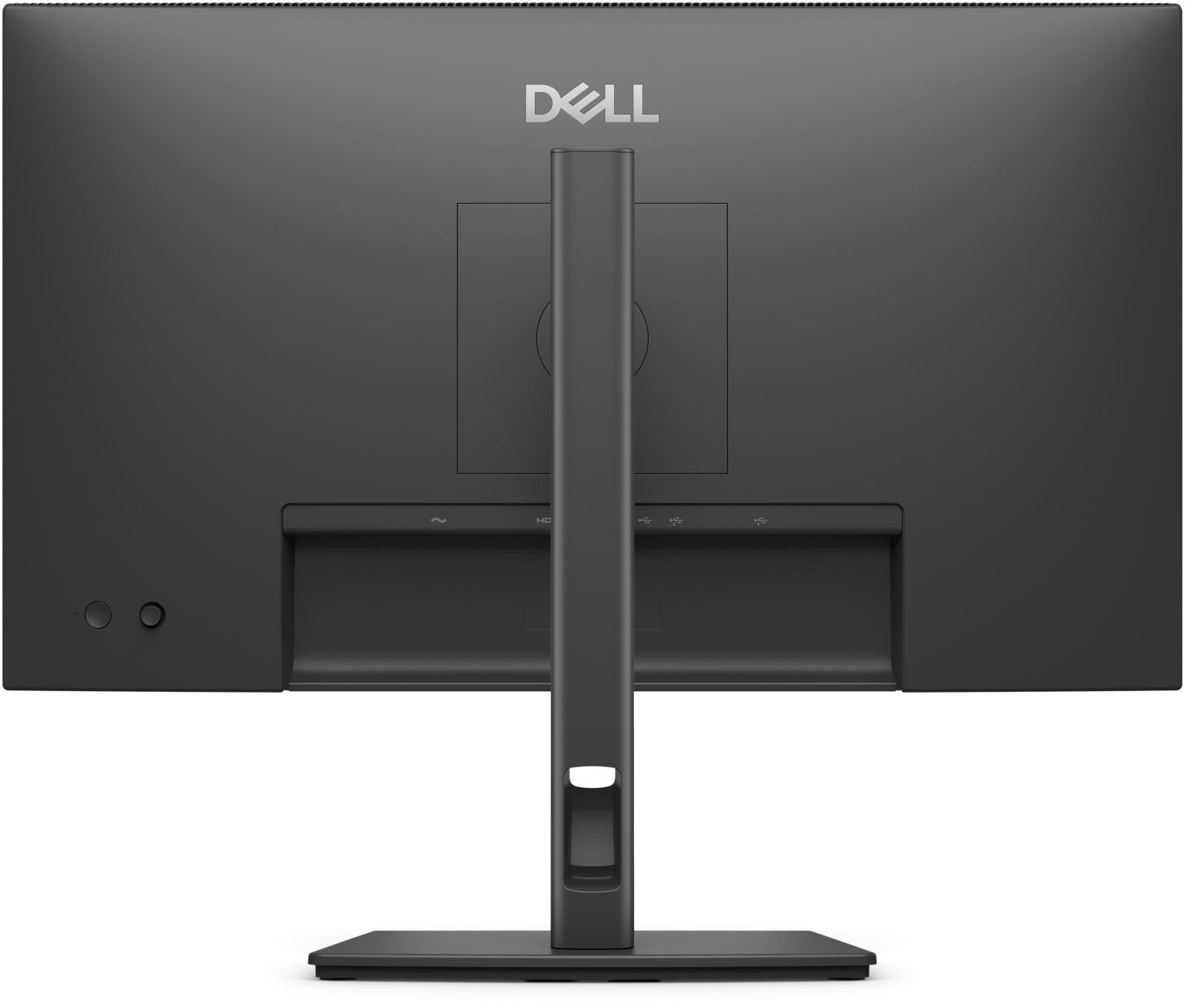 Achterkant van een zwarte Dell monitor met standaard. Poorten zichtbaar.