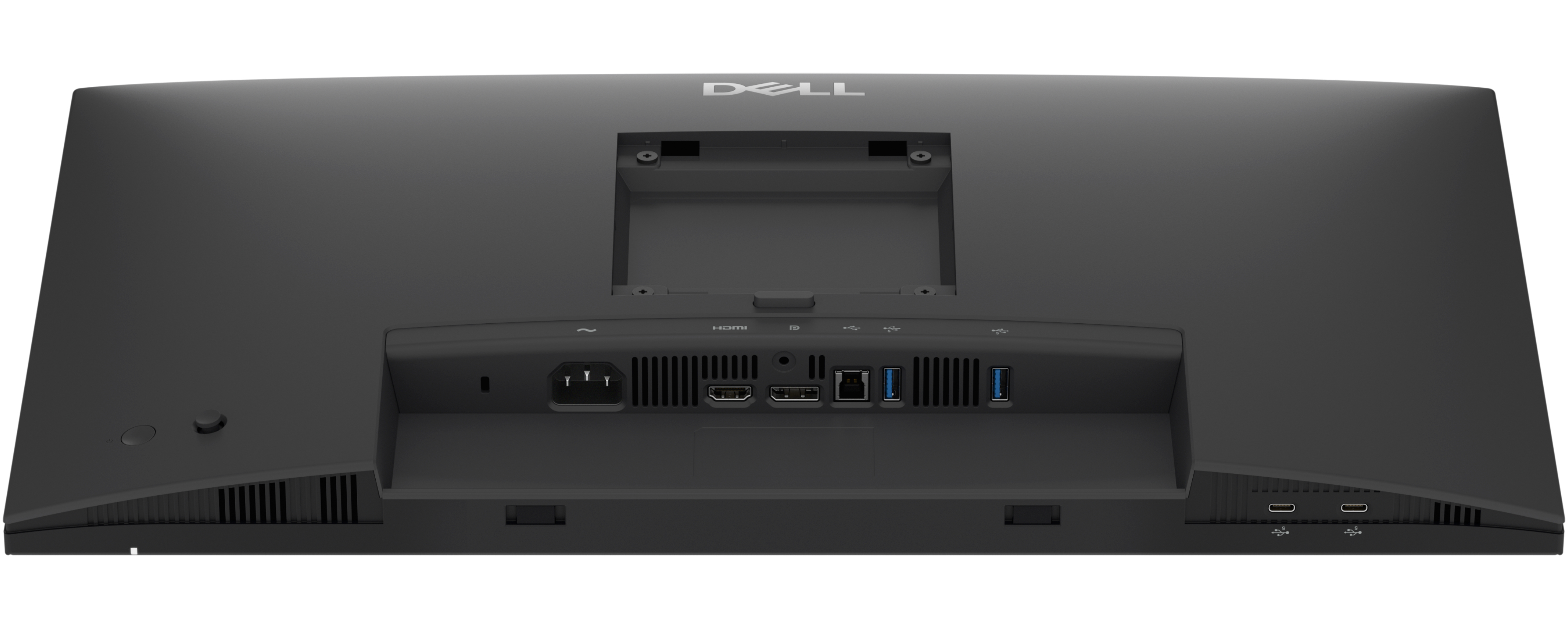 Achterkant van een zwarte Dell monitor met poorten zoals HDMI, USB en stroom.