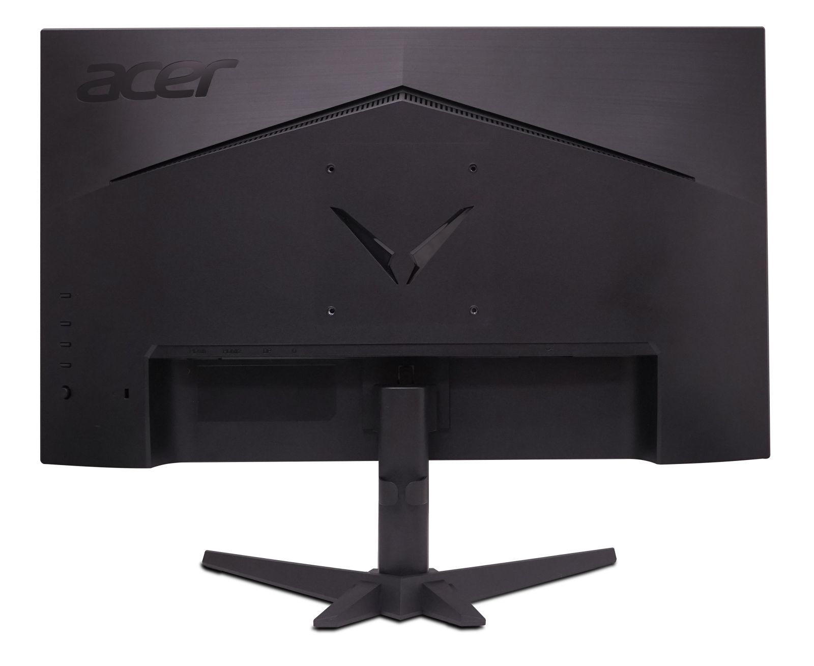 Rückseite eines schwarzen Acer Monitors mit V-förmigem Logo und Standfuß.