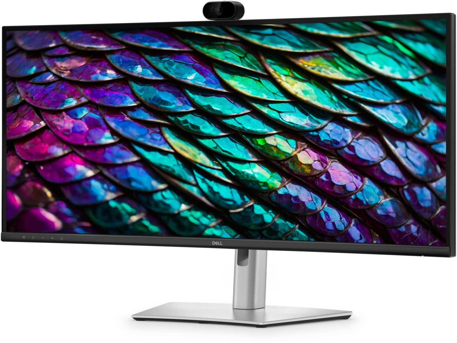 Gümüş ayaklı siyah Dell monitörde, renkli, pullu bir desen görünüyor.