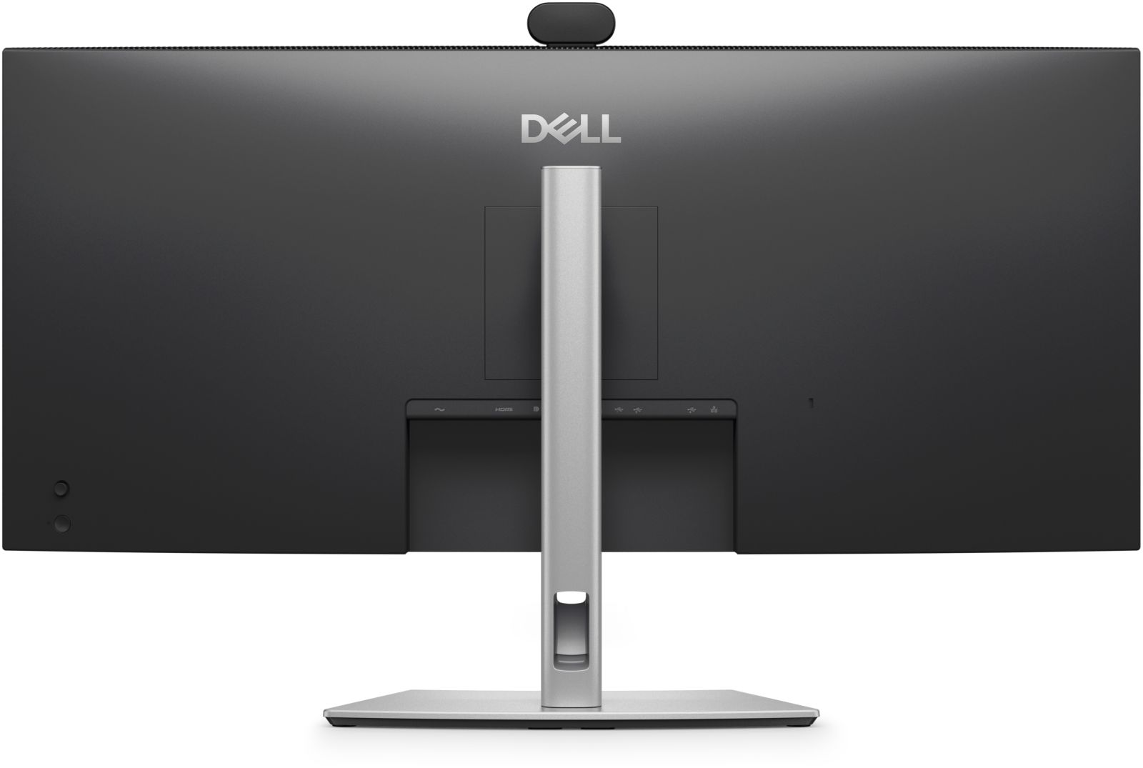 Gümüş stantlı ve kamera aparatlı siyah Dell monitörün arka görünümü.