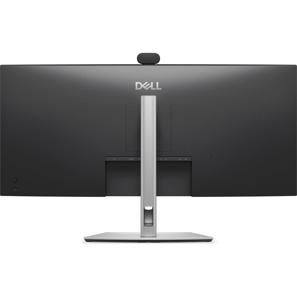 Gümüş standlı ve web kameralı siyah Dell monitörün arka görünümü.