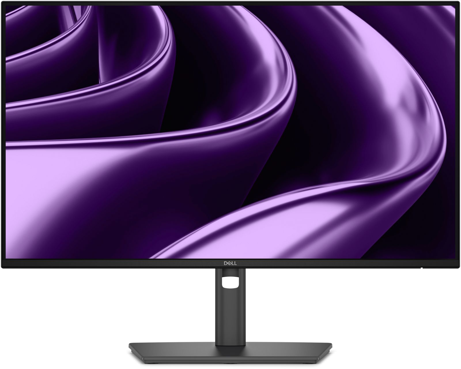 Ein Dell-Monitor mit einem dunklen Ständer und einem lila Hintergrund mit wirbelnden Mustern.