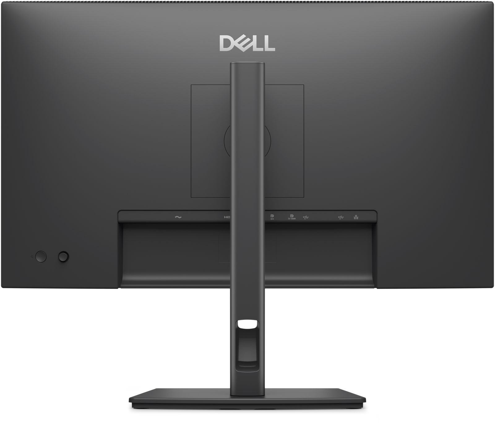 Rückseite eines schwarzen Dell Monitors mit Standfuß und Anschlüssen.