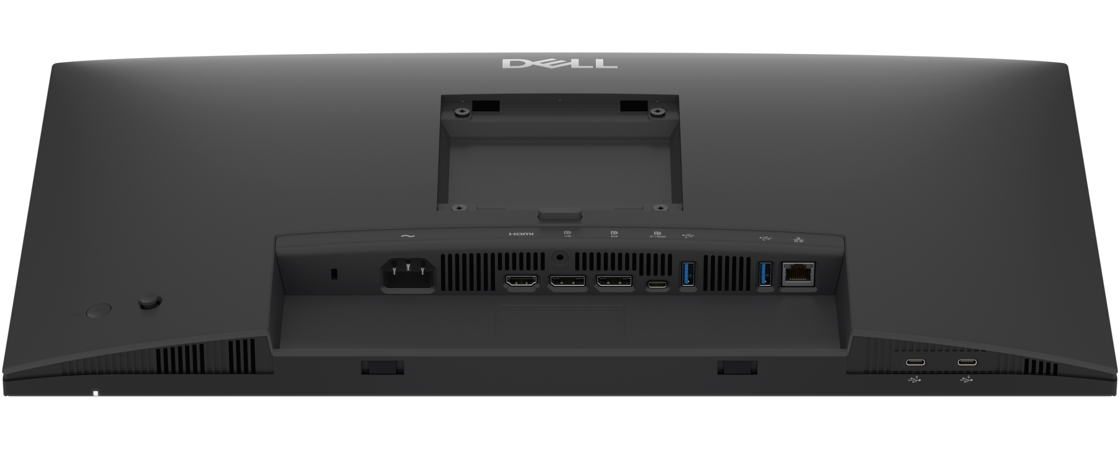 Rückseite eines schwarzen Dell Monitors mit Anschlüssen wie HDMI, USB und Netzteil.