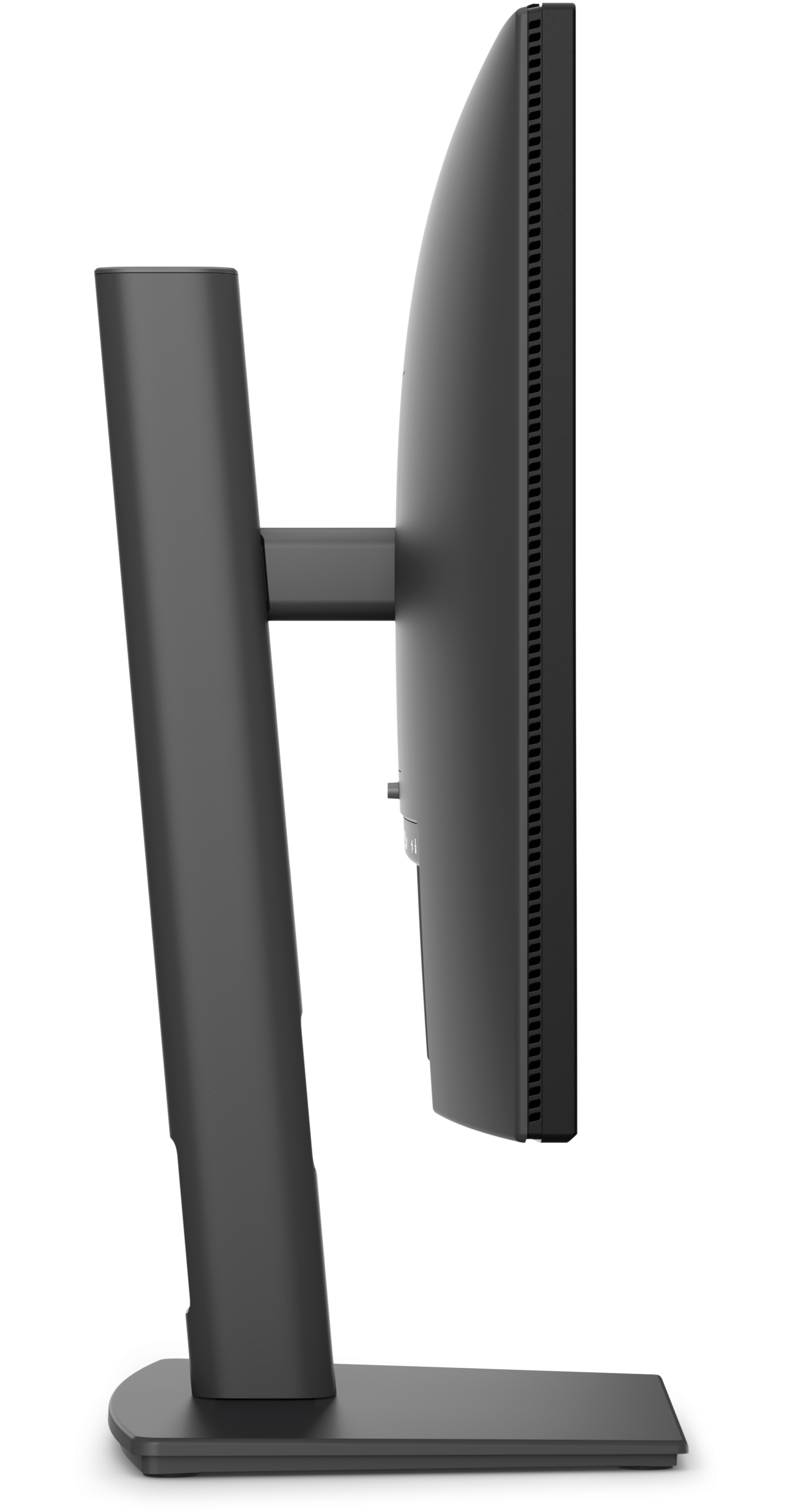 Grauer Computermonitor von der Seite mit schlankem Ständer.