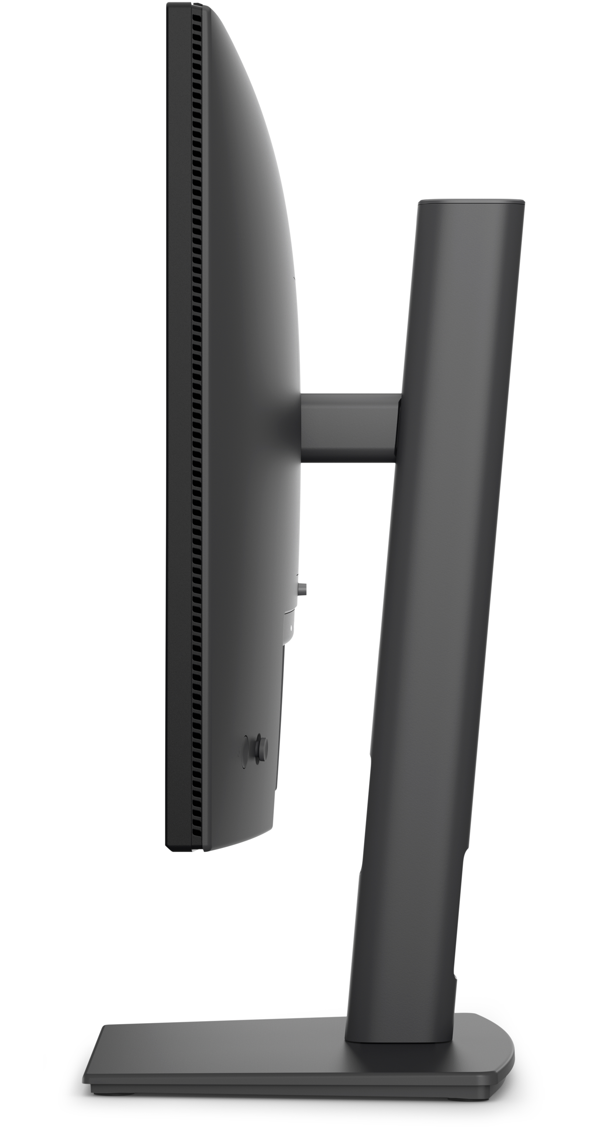 Grauer Computermonitor mit Ständer, Seitenansicht.
