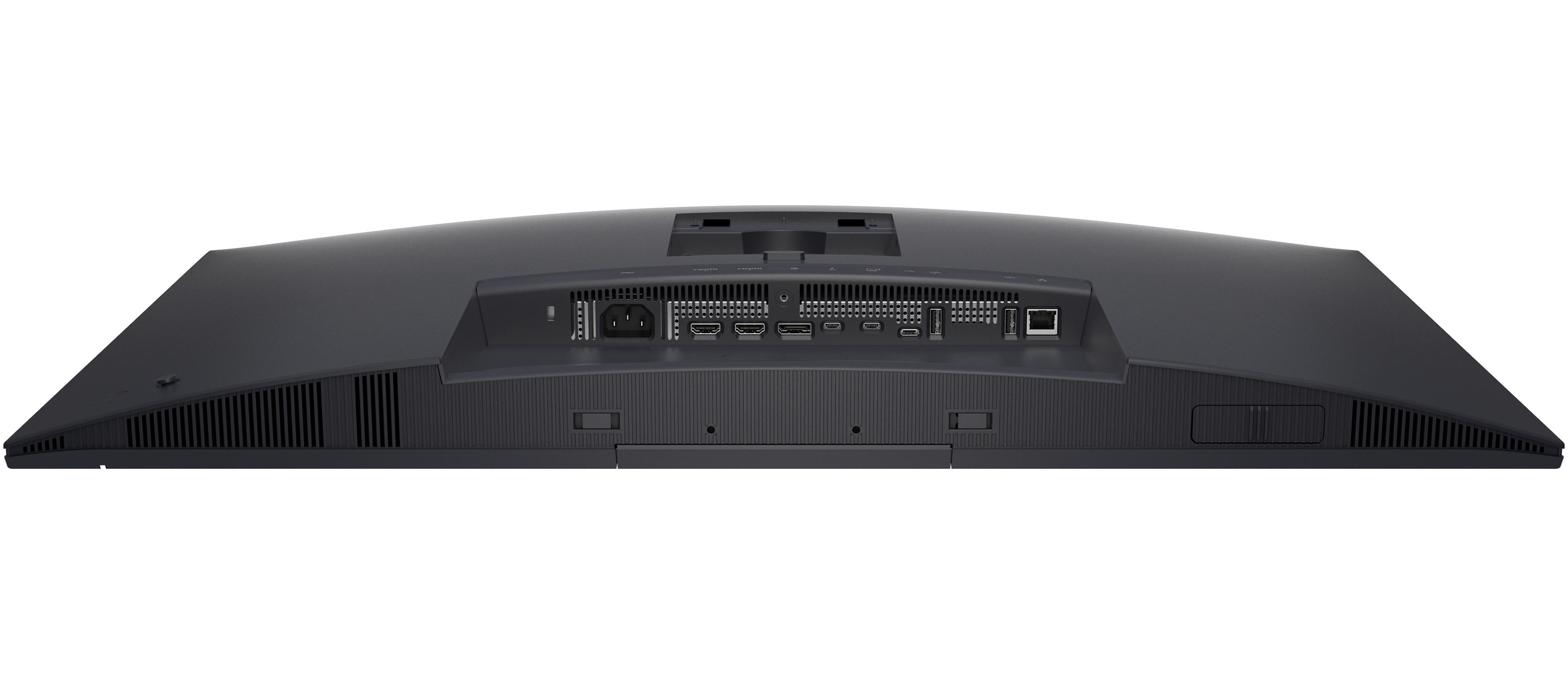Tył czarnego monitora z portami: zasilanie, HDMI, USB-C, USB-A i Ethernet.