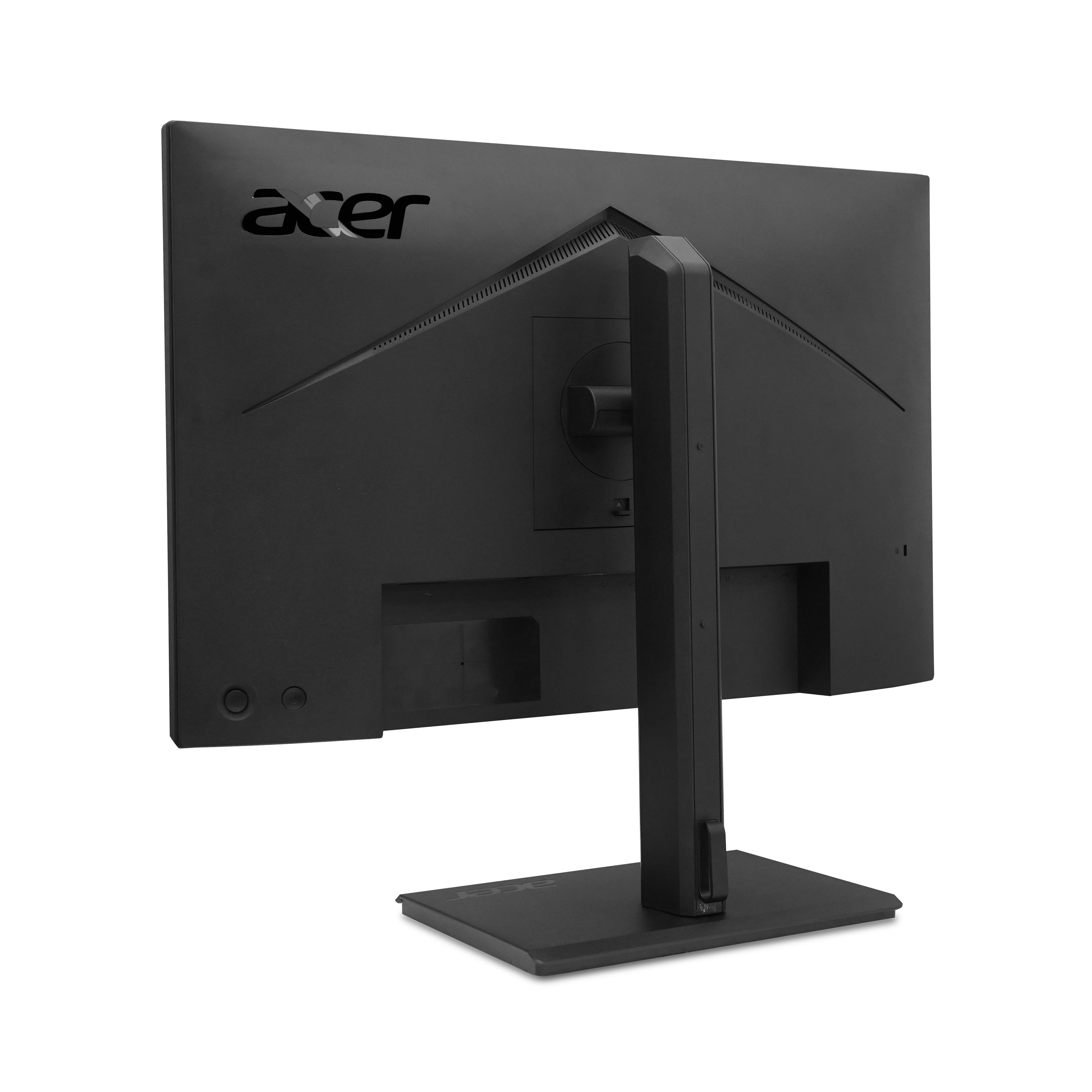 Rückseite eines schwarzen Acer Monitors mit Standfuß auf weißem Hintergrund.