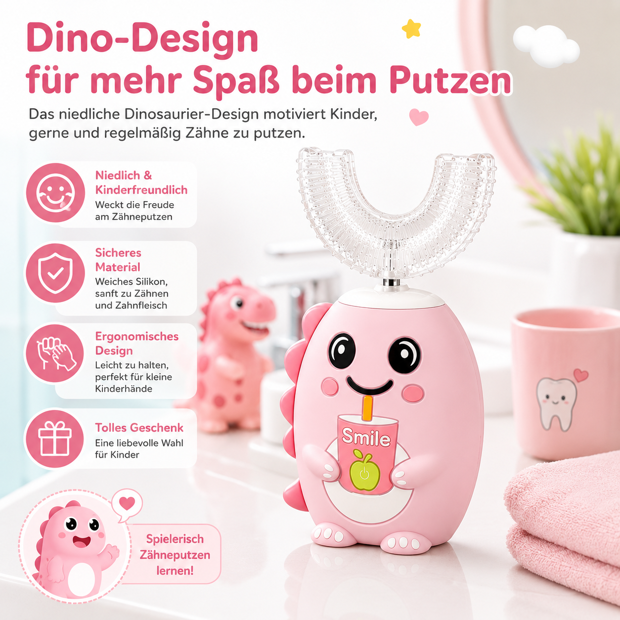 Ein rosa Dino-Zahnbürstenhalter mit U-förmiger Bürste und Text.