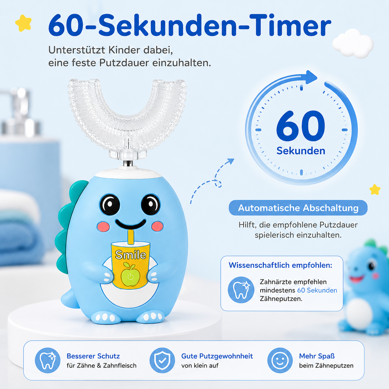 Blauer Dino-Zahnbürstenhalter mit 60-Sekunden-Timer und U-förmiger Bürste.