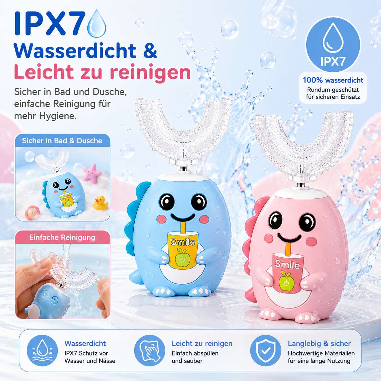 Zwei niedliche, dinosaurierförmige Zahnbürsten, blau und rosa, mit einer U-förmigen Bürste.