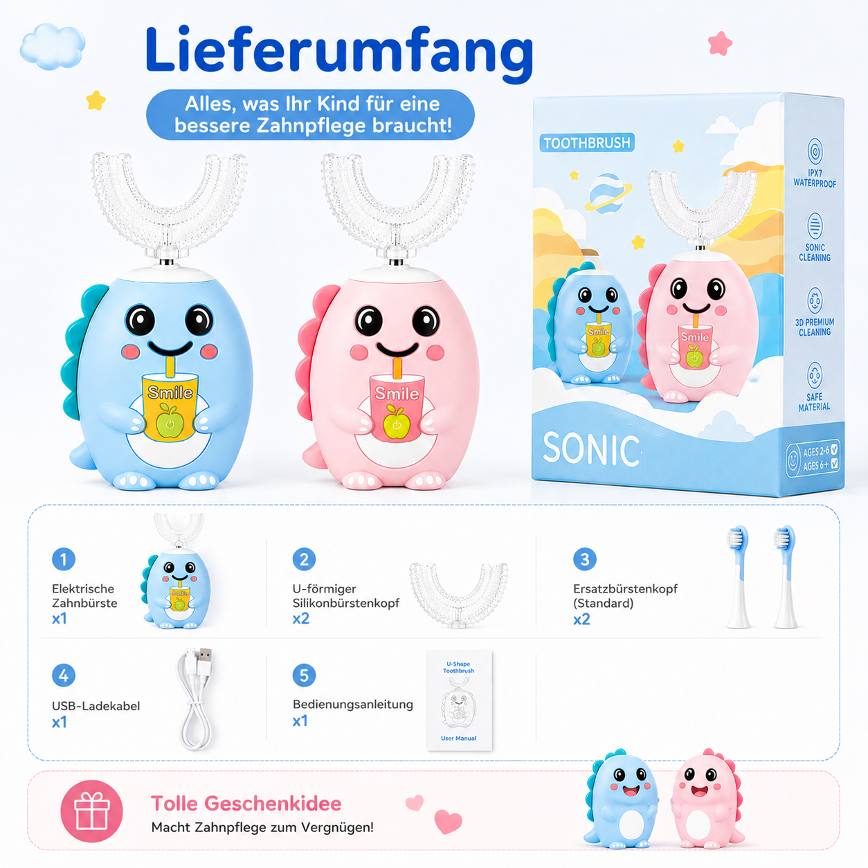 Zwei Dino-Zahnbürsten, blau und pink, mit Zubehör und Verpackung.