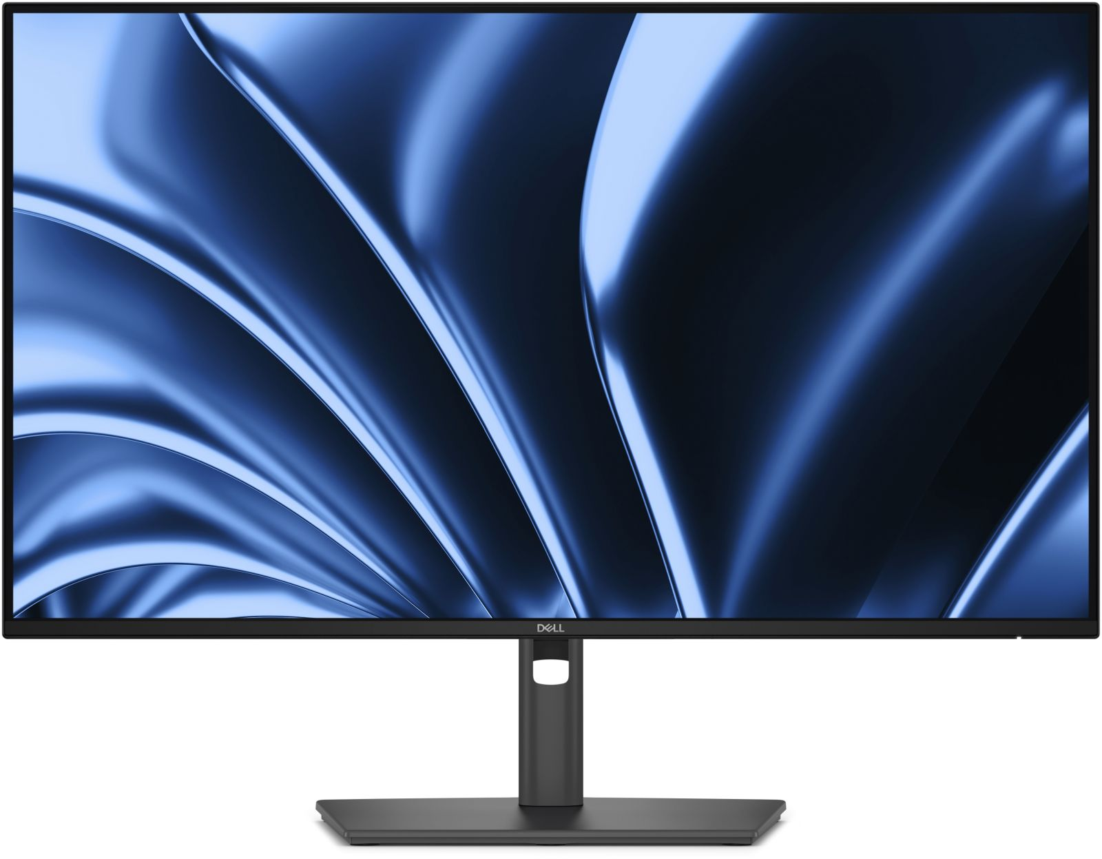 Ein Dell Monitor mit einem abstrakten blauen Hintergrund.