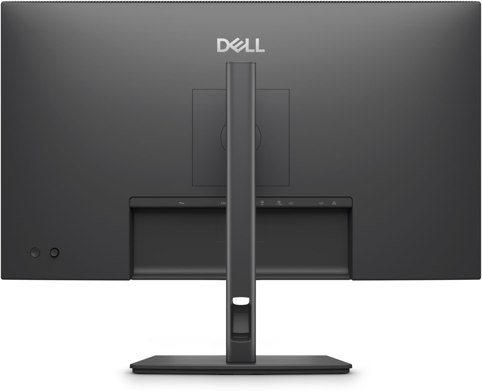 Rückseite eines schwarzen Dell Monitors mit Ständer und Anschlüssen.