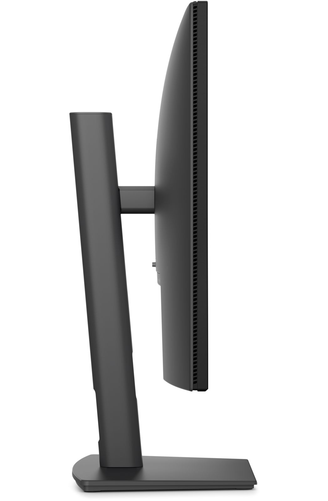 Seitenansicht eines schwarzen Computermonitors mit einem schlanken Standfuß.