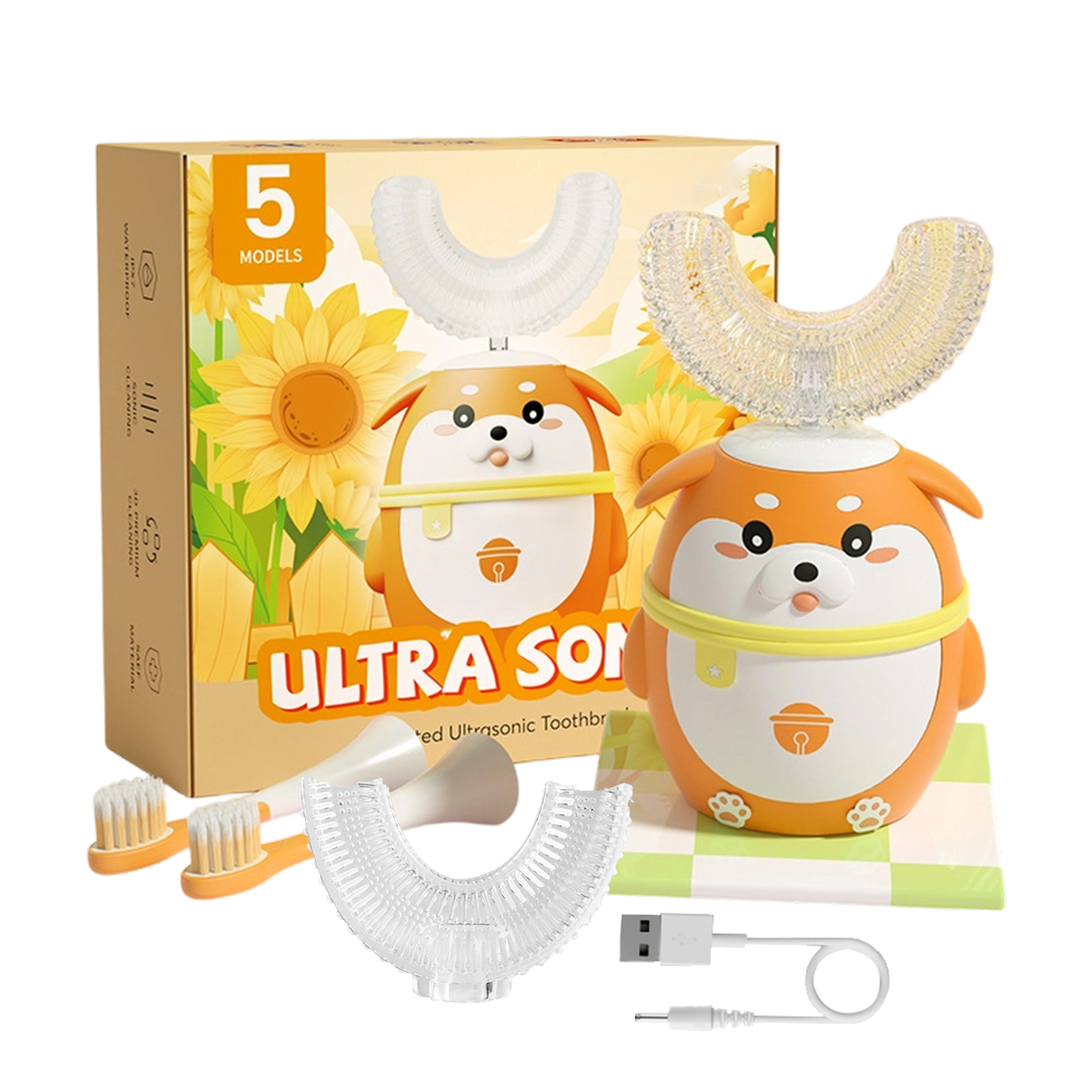 Ein orangefarbener Hunde-Zahnbürstenhalter mit Aufsteckbürsten und Verpackung.
