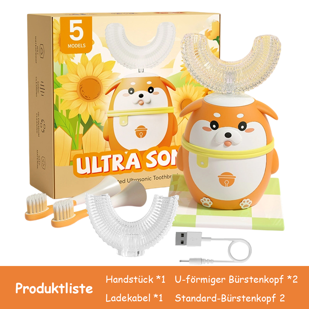 Ein niedlicher Hund-förmiger Schallzahnbürsten-Set mit Zubehör und Verpackung.