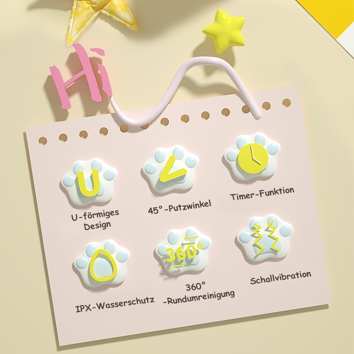 U-förmiges Design, 45° Putzwinkel, Timer-Funktion, 360° Reinigung, Schallvibration.
