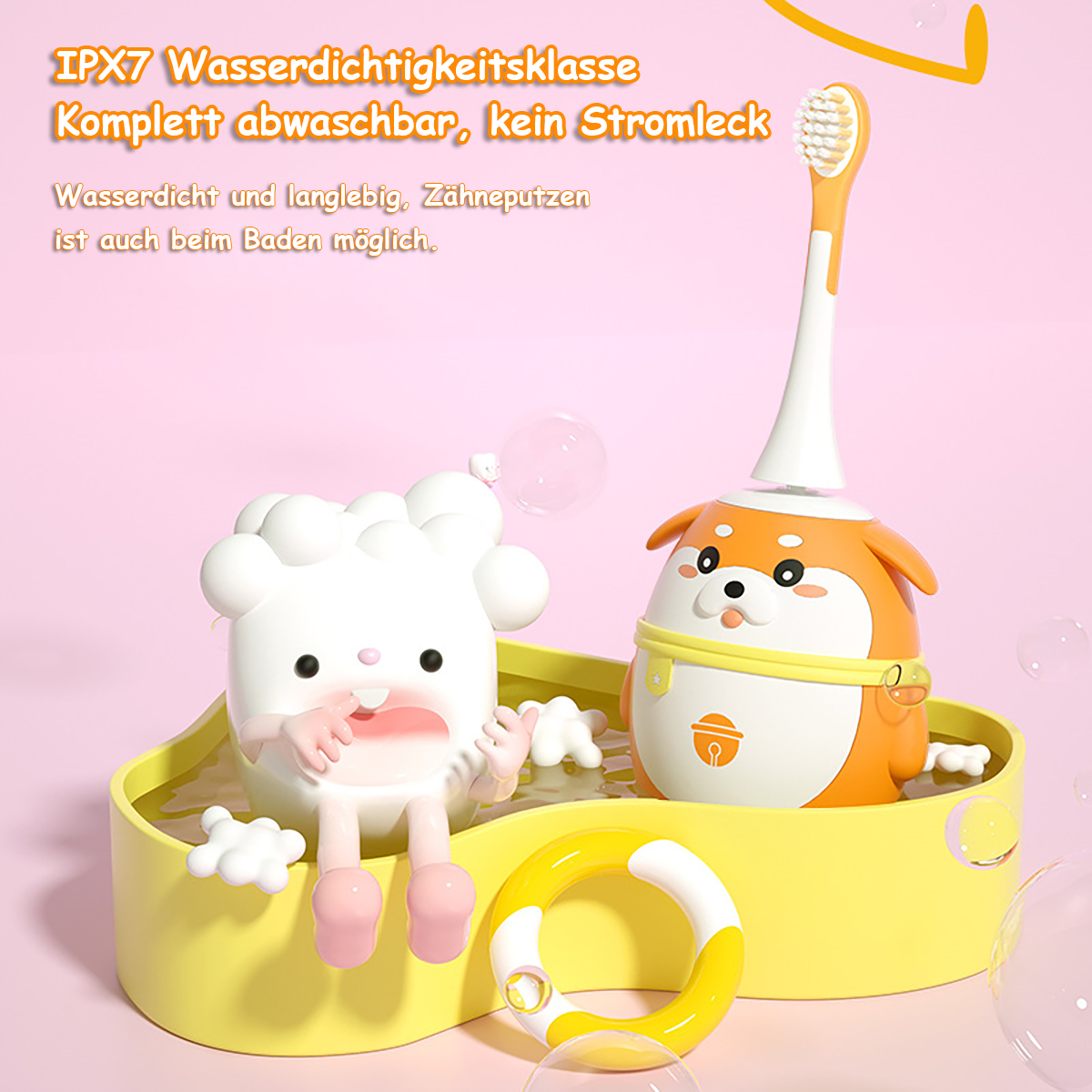 Zwei lustige Figuren in einer gelben Badewanne mit Zahnbürsten.