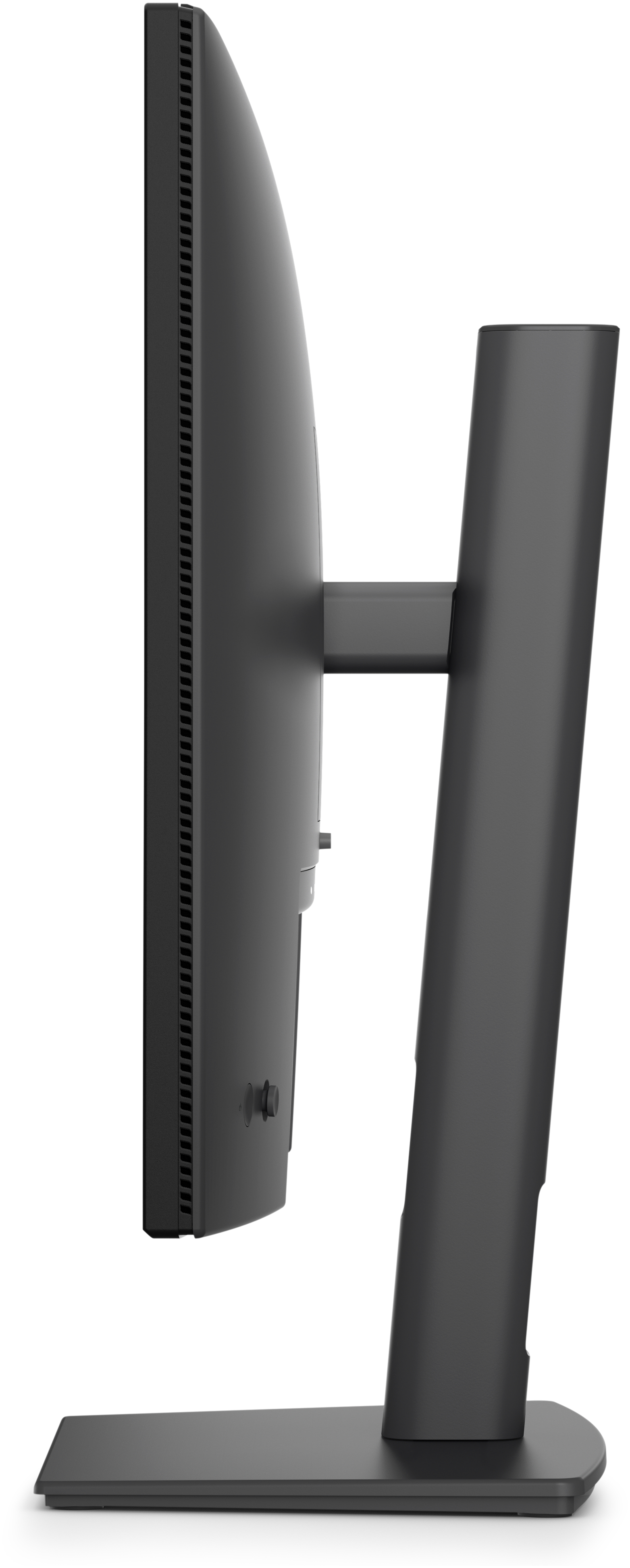 Zijaanzicht van een zwarte monitor met slanke standaard en ventilatieopeningen.
