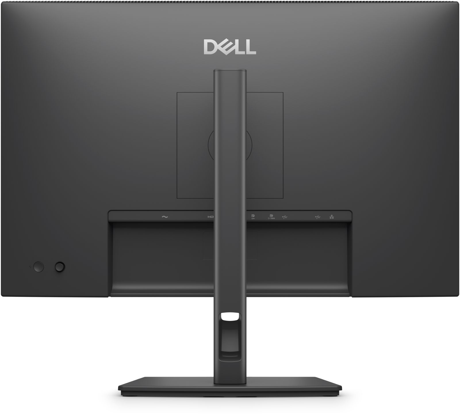 Tył czarnego monitora Dell z portami i podstawką.