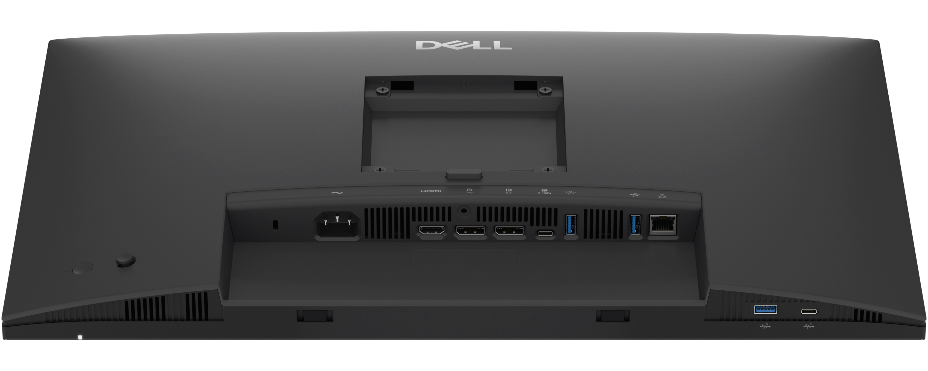 Tył czarnego monitora Dell z portami zasilania, HDMI, USB-C i Ethernet.