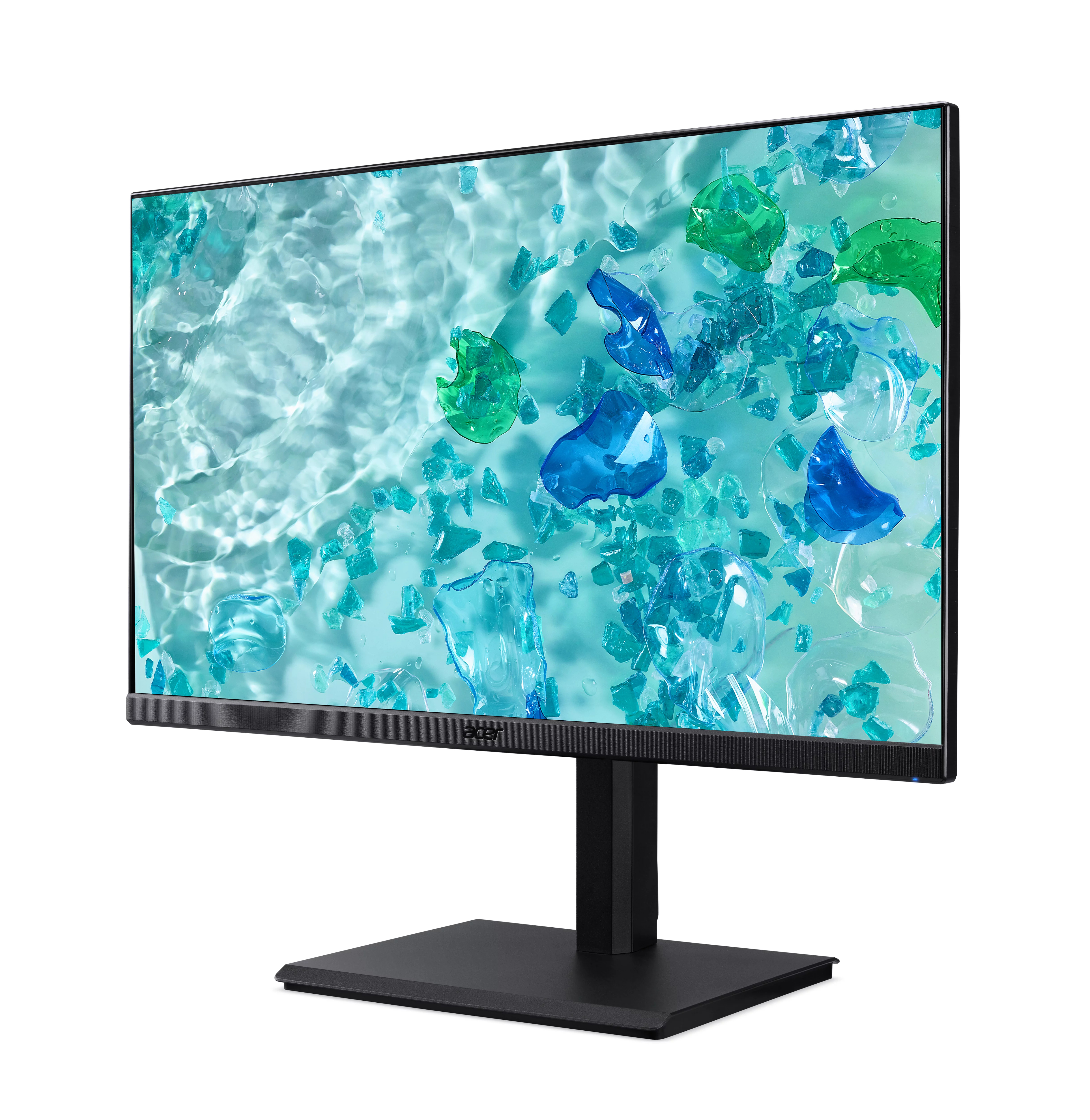 Czarny monitor Acer z abstrakcyjnym tłem z niebieskich i zielonych odłamków.