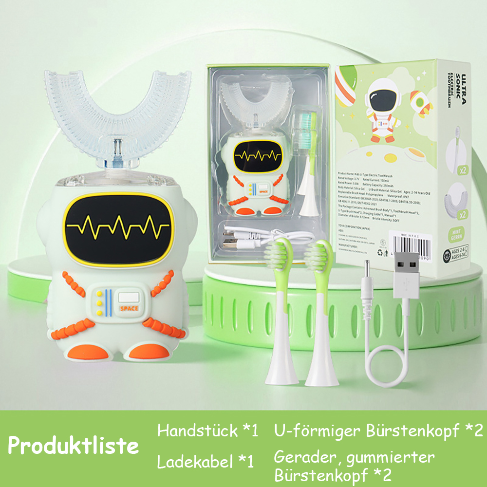 Ein weißer elektrischer Zahnbürstenkopf im Astronauten-Design mit einem U-förmigen Bürstenkopf.