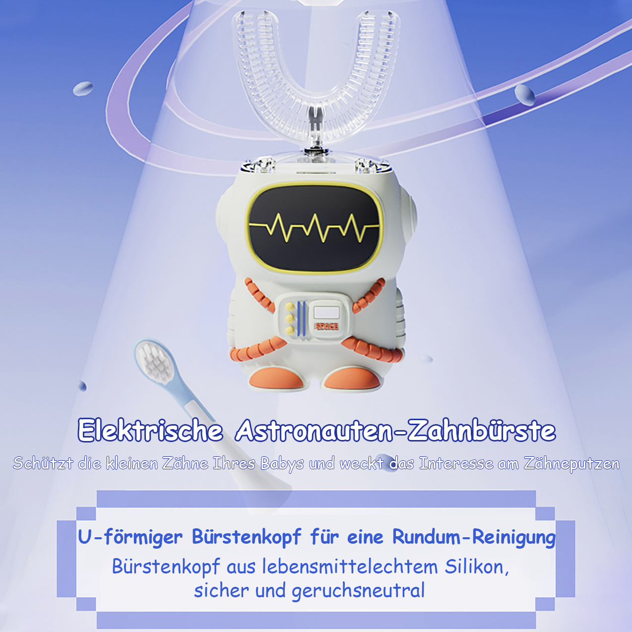 Ein elektrischer Astronauten-Zahnbürstenkopf mit U-Form und blauem Griff.