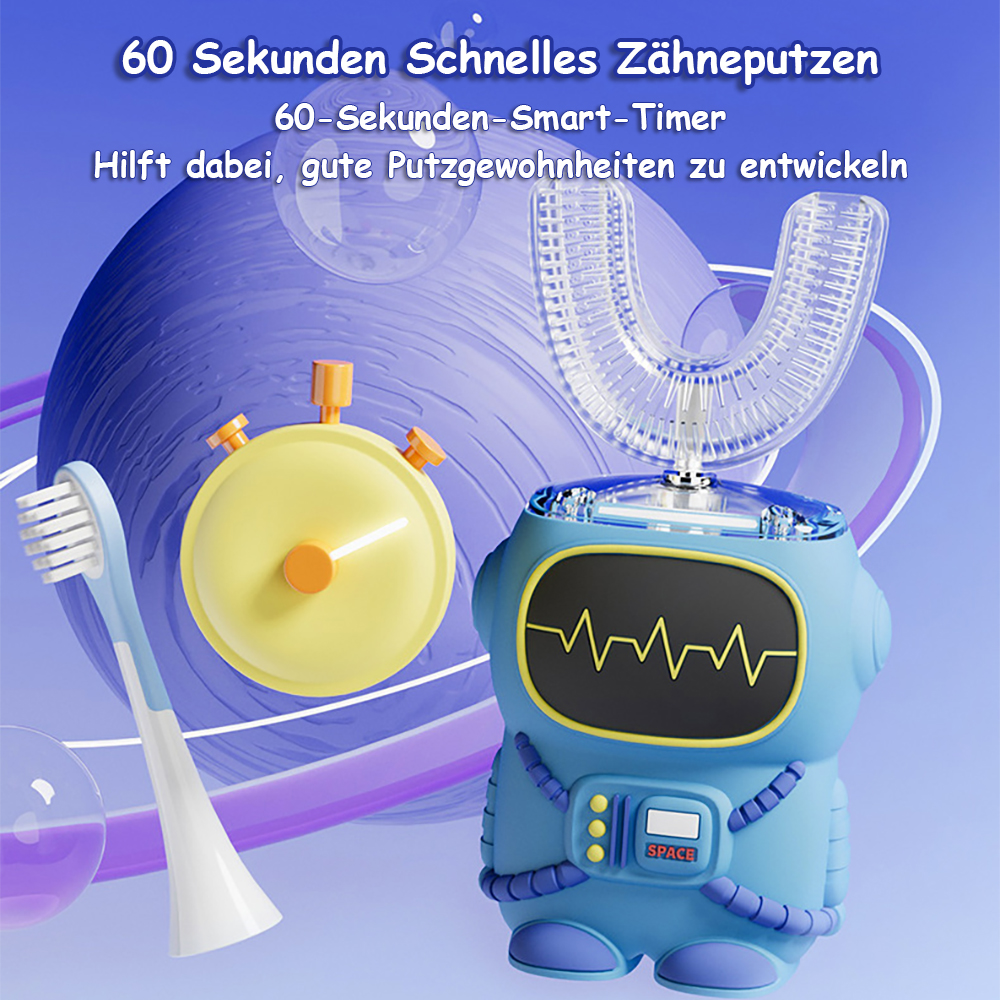 Ein blauer Roboter-Zahnputzhalter mit einem Stoppuhr-Symbol und einer Zahnbürste.