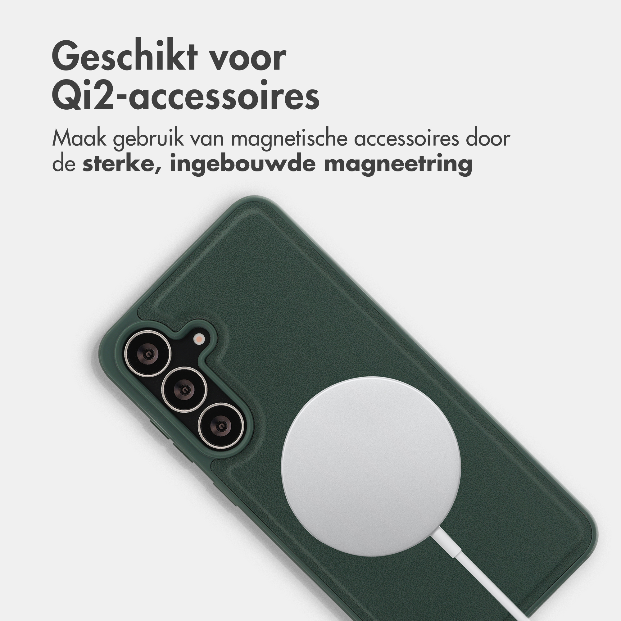 Dark green phone case with magnetic ring for Qi2 accessories.