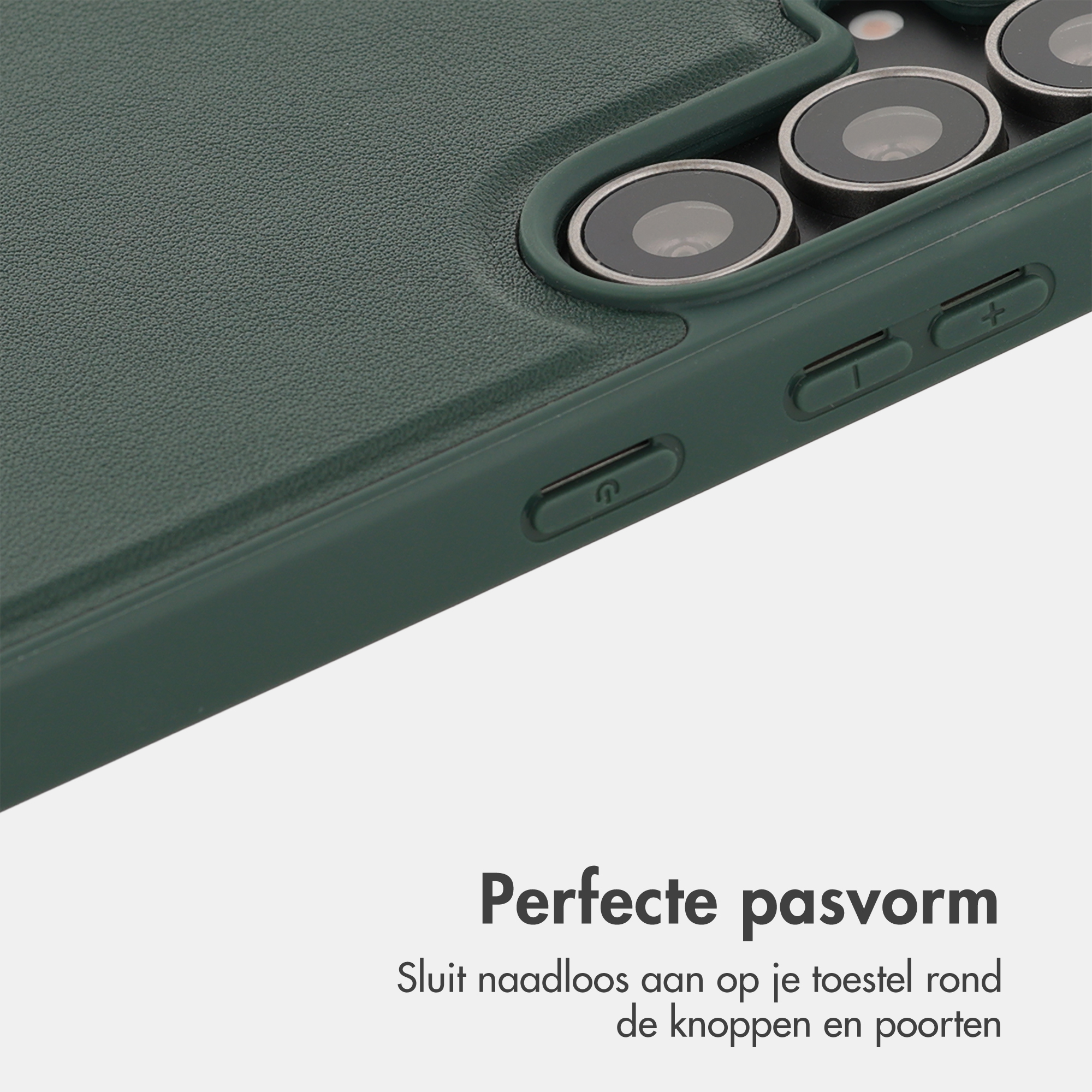 Dark green phone case with three camera lenses and buttons.