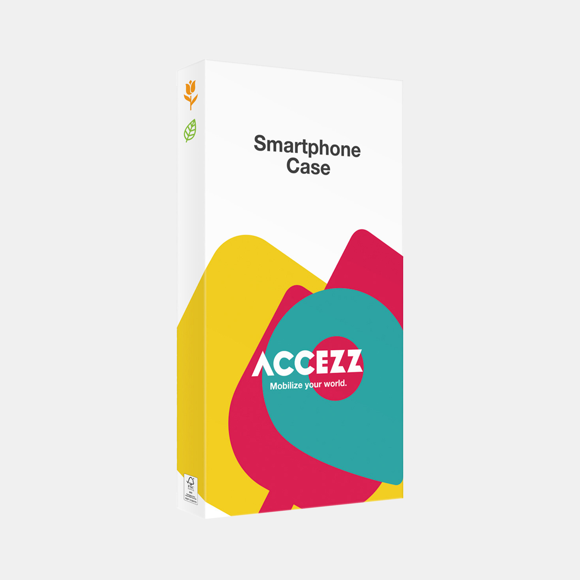 Verpakking smartphonehoes met kleurrijke vormen en logo.