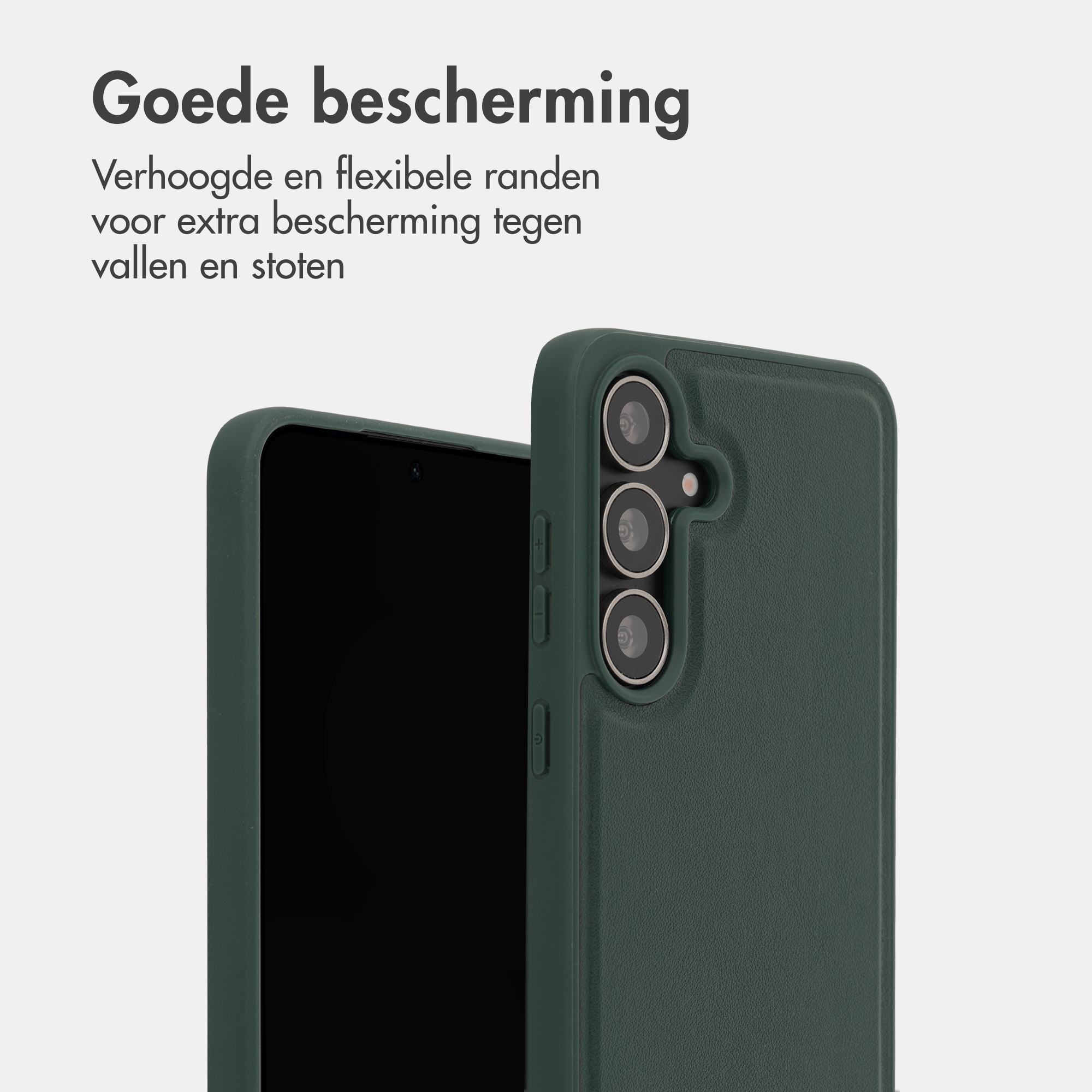 Dark green phone case with three cameras on the back, next to the phone.