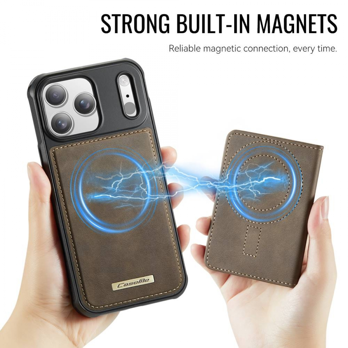 Ein braunes Lederetui wird magnetisch an eine Handyhülle angebracht, mit blauen Blitzen.