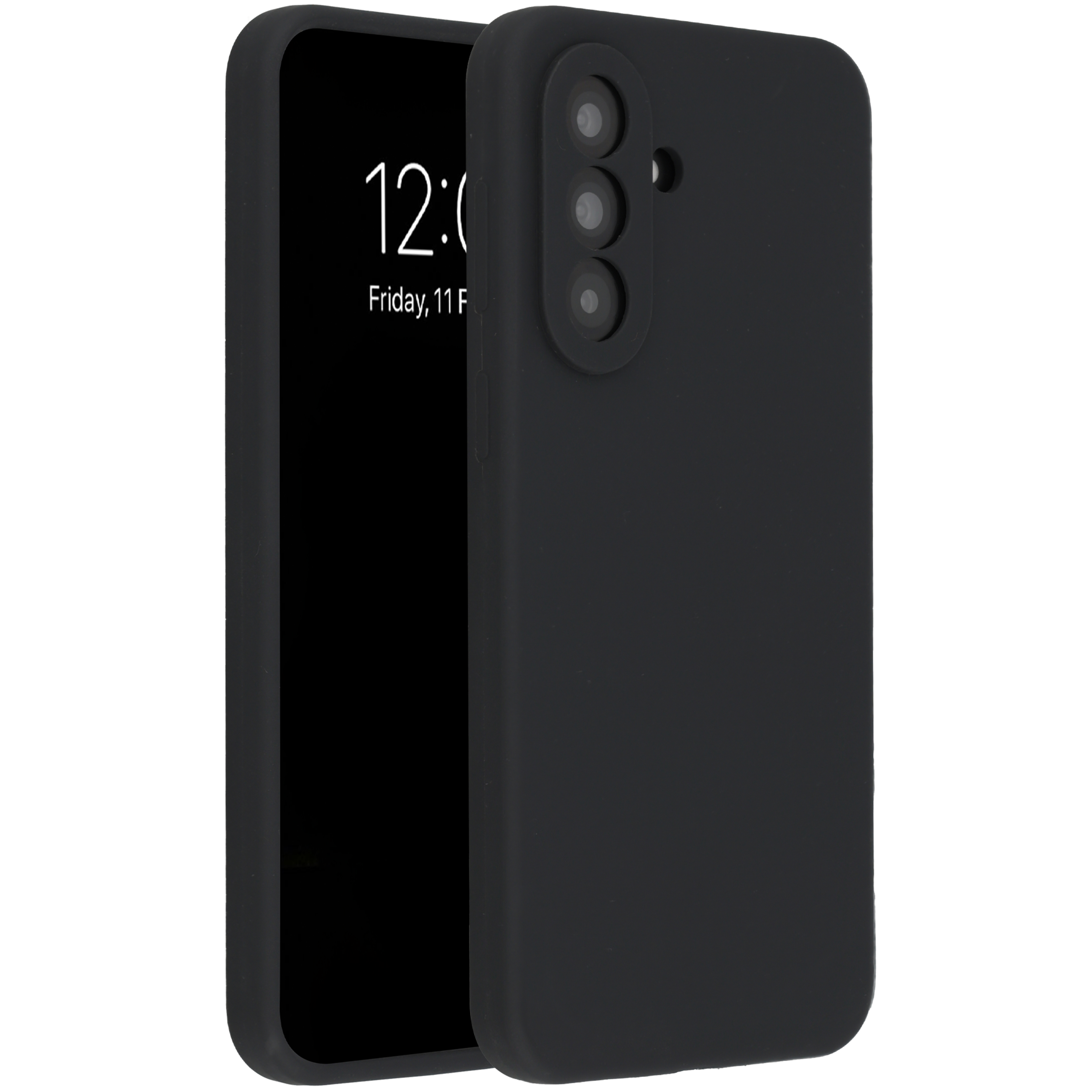 Schwarzes Smartphone mit drei Kameras, das auf einem weißen Hintergrund liegt.