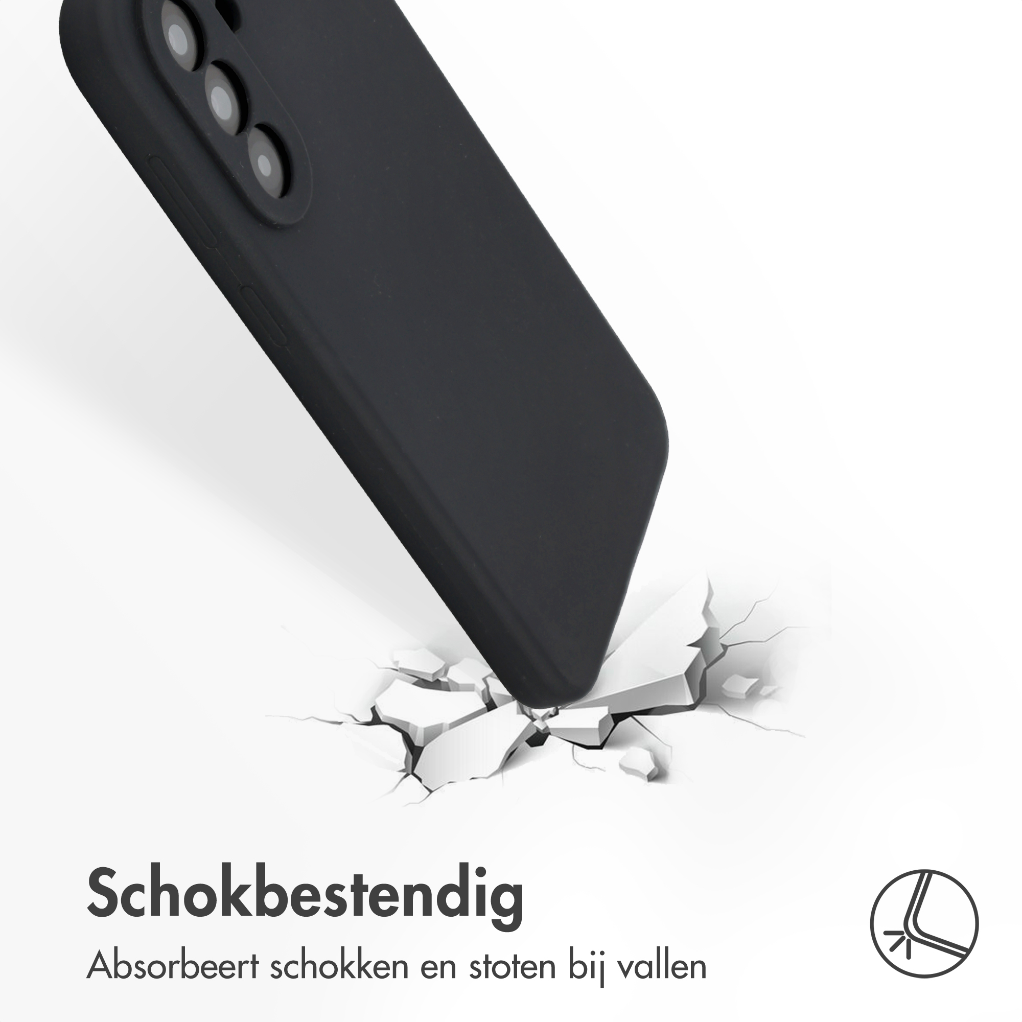 Schwarze Handyhülle bricht durch weißen Boden.