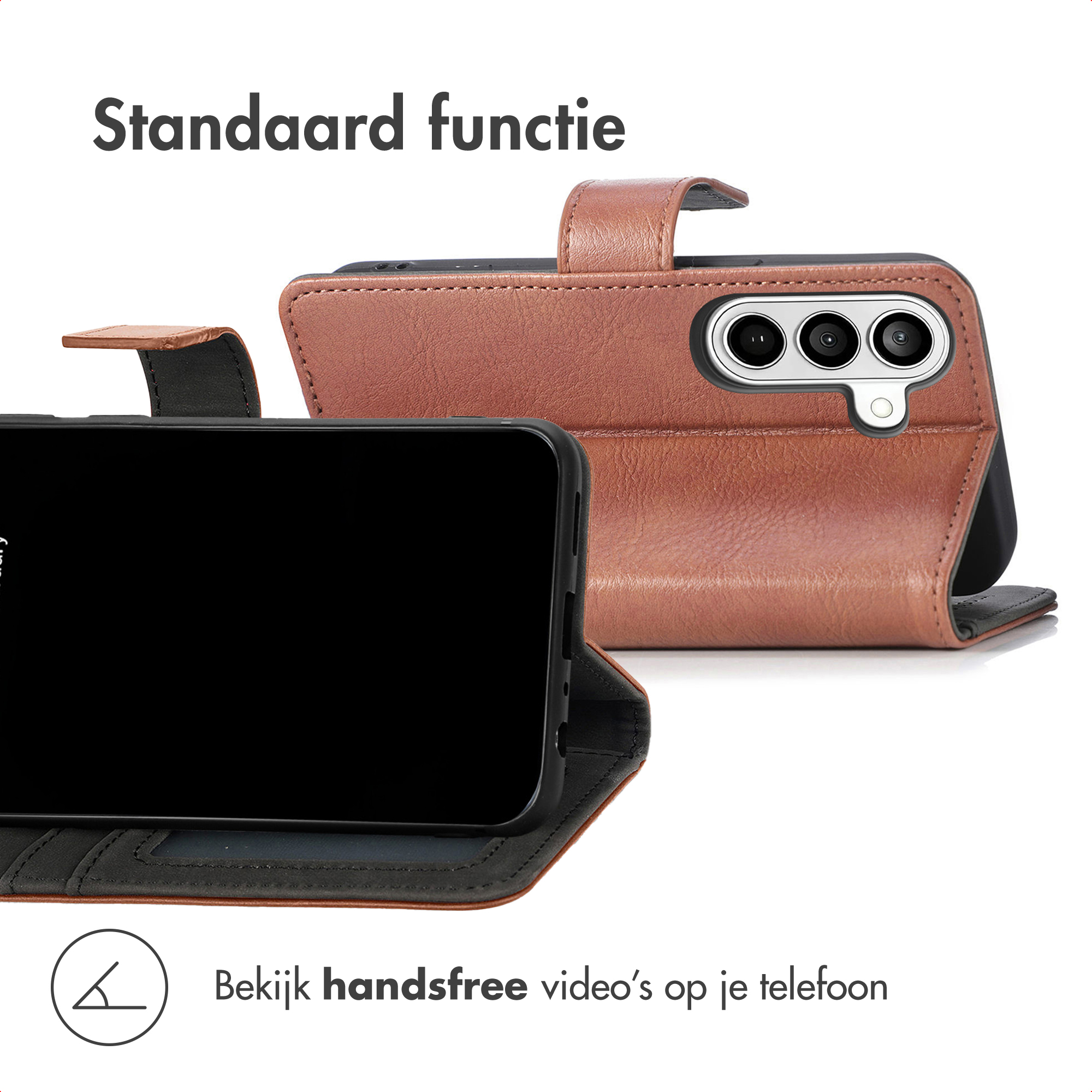 Bruine lederen flipcase met standaardfunctie voor smartphone met drie camera's.