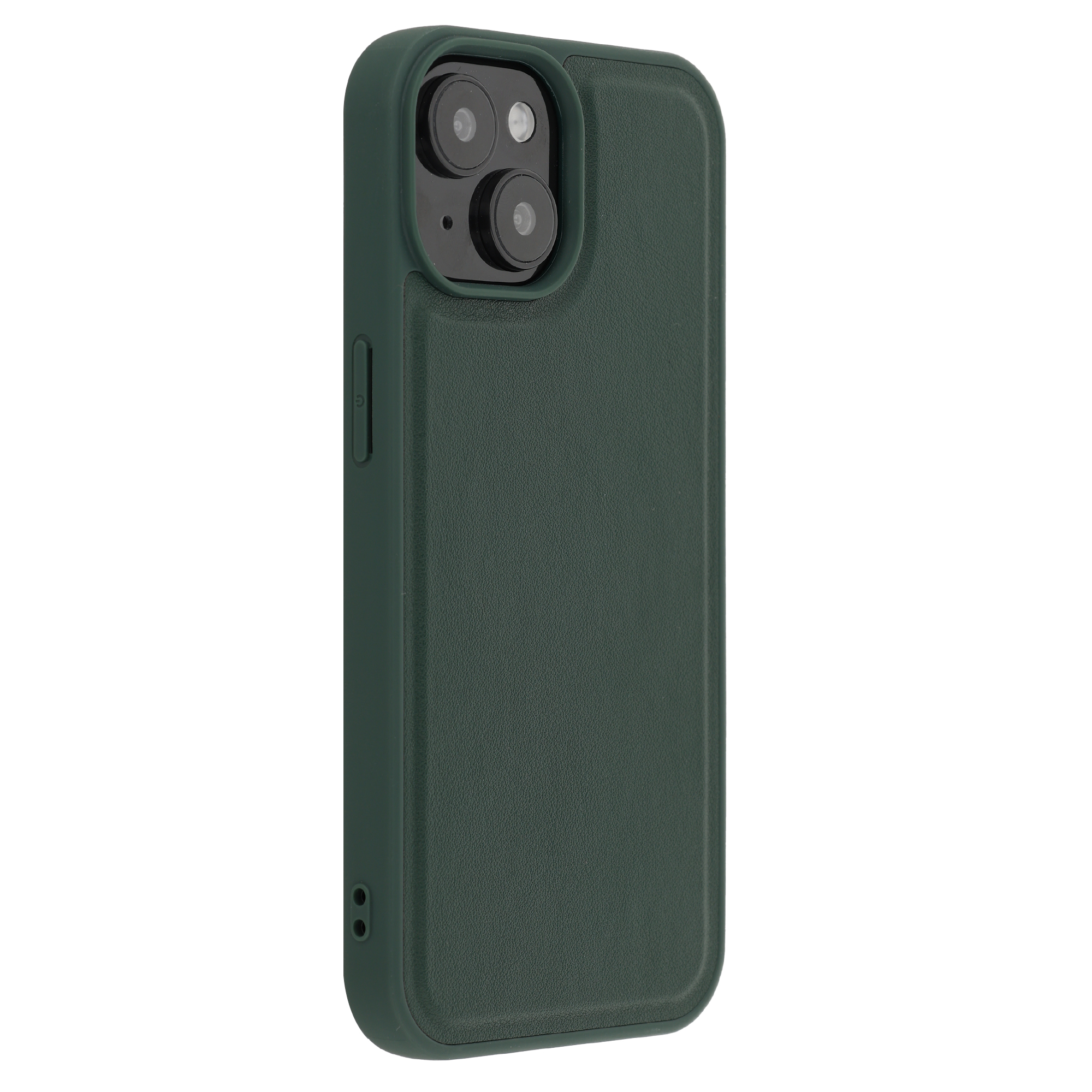 Een donkergroene telefoonhoes met een getextureerde afwerking en camera-uitsparing.