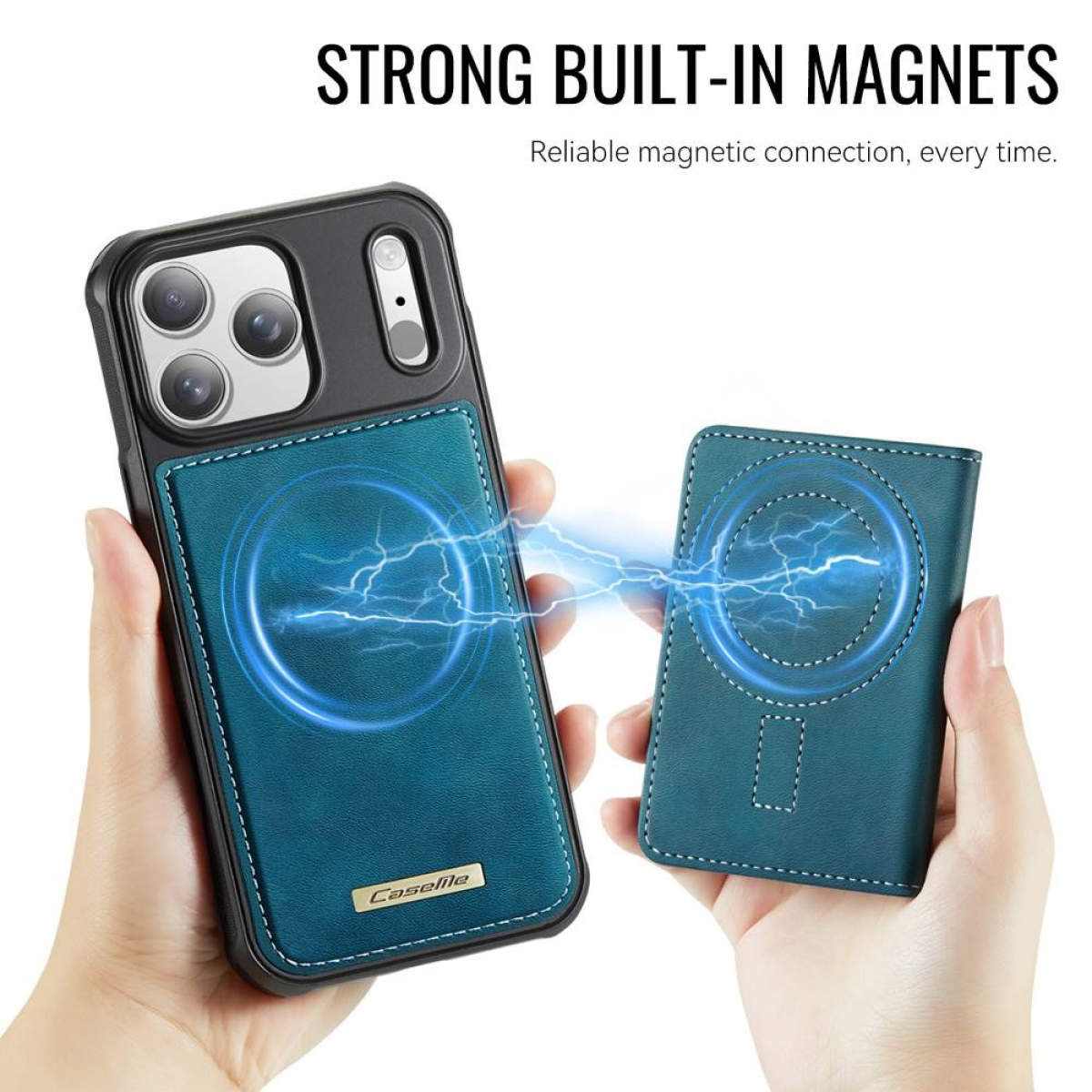 Zwei Hände halten eine Handyhülle und eine Brieftasche mit starken Magneten.